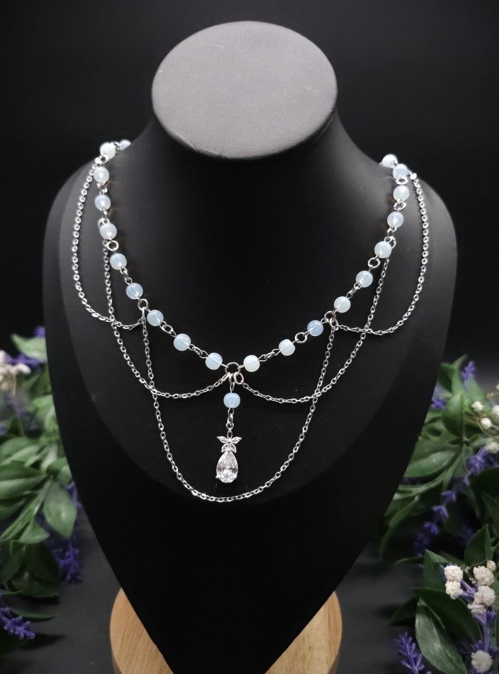 Opalith Perlen Halskette ~ Zirkonia Collier ~ Braut Schmuck ~ Celestial Kette ~ Größenverstellbar