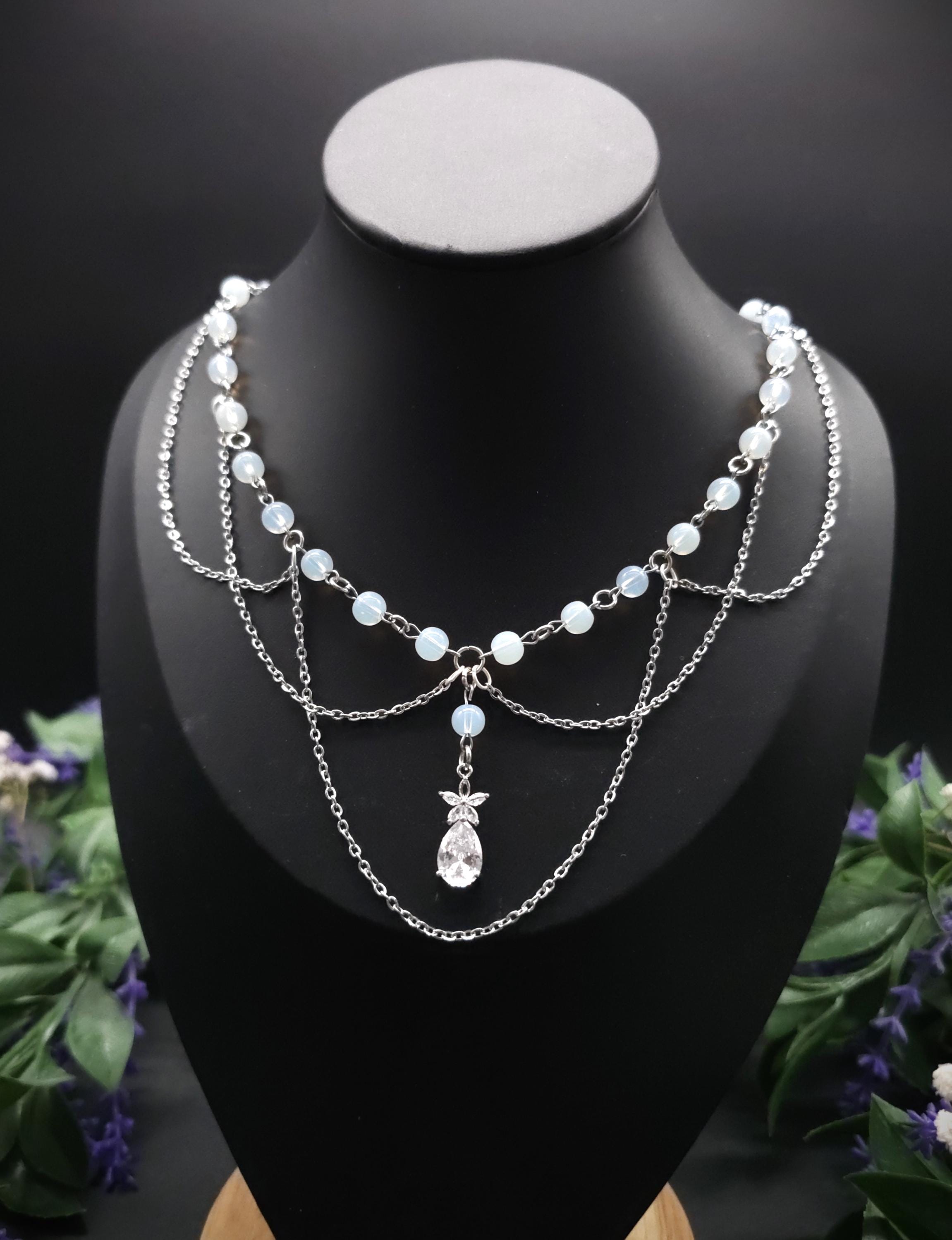 Opalith Perlen Halskette ~ Zirkonia Collier ~ Braut Schmuck ~ Celestial Kette ~ Größenverstellbar