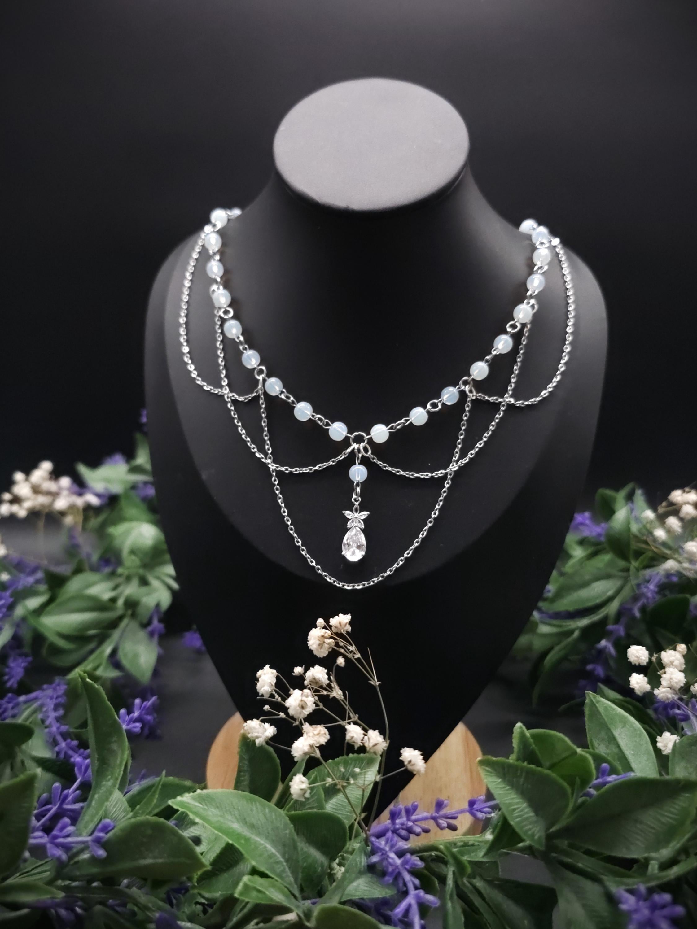 Opalith Perlen Halskette ~ Zirkonia Collier ~ Braut Schmuck ~ Celestial Kette ~ Größenverstellbar