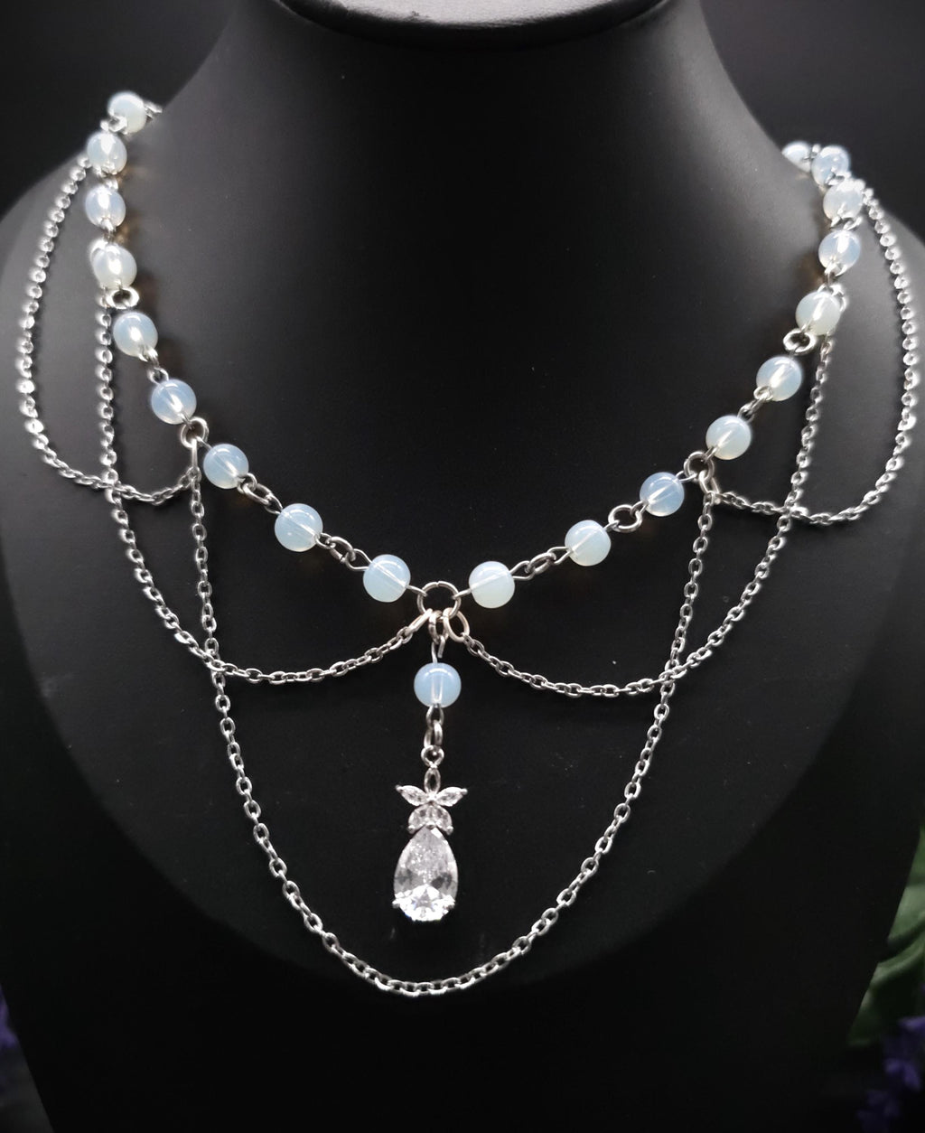 Opalith Perlen Halskette ~ Zirkonia Collier ~ Braut Schmuck ~ Celestial Kette ~ Größenverstellbar
