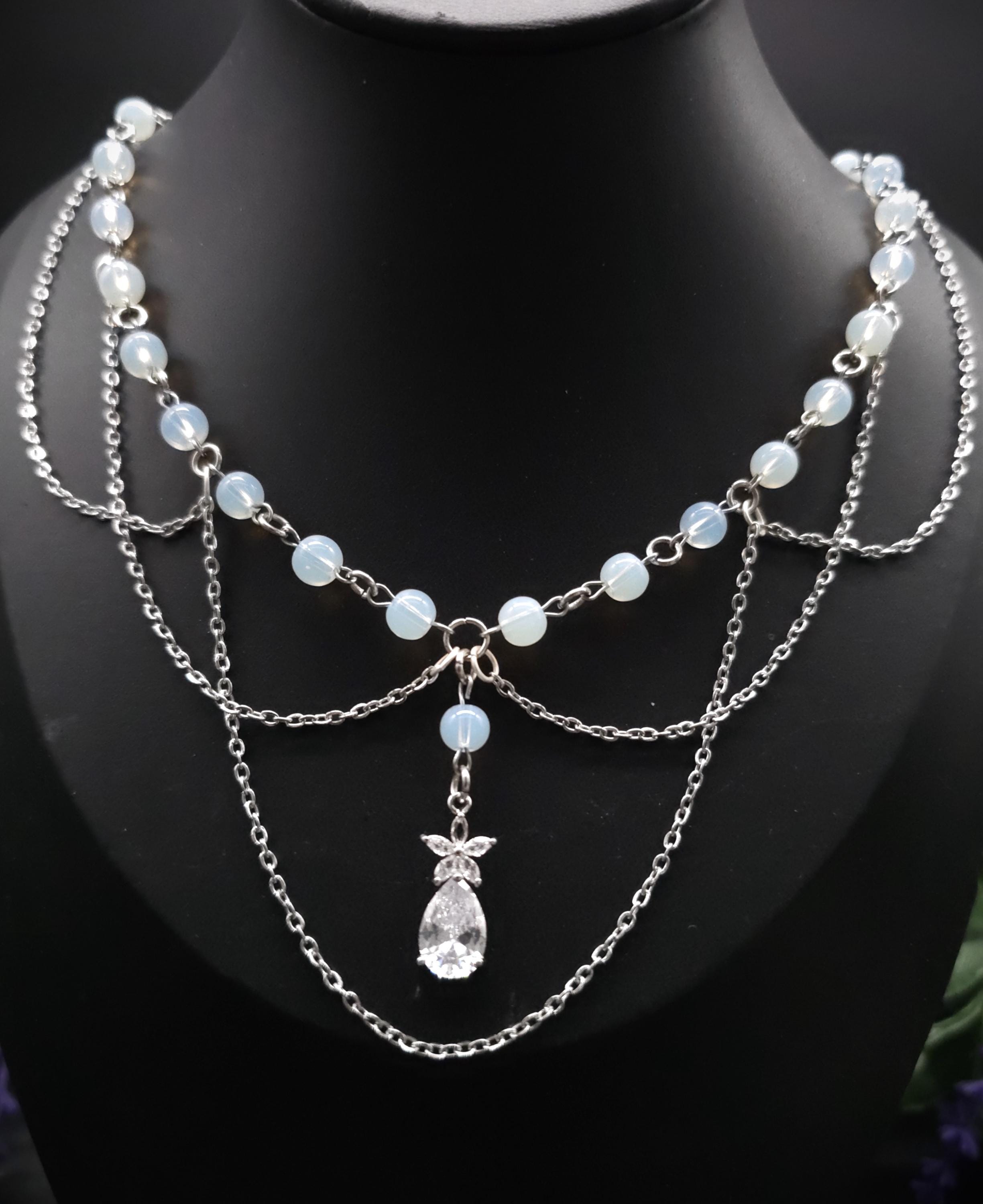 Opalith Perlen Halskette ~ Zirkonia Collier ~ Braut Schmuck ~ Celestial Kette ~ Größenverstellbar
