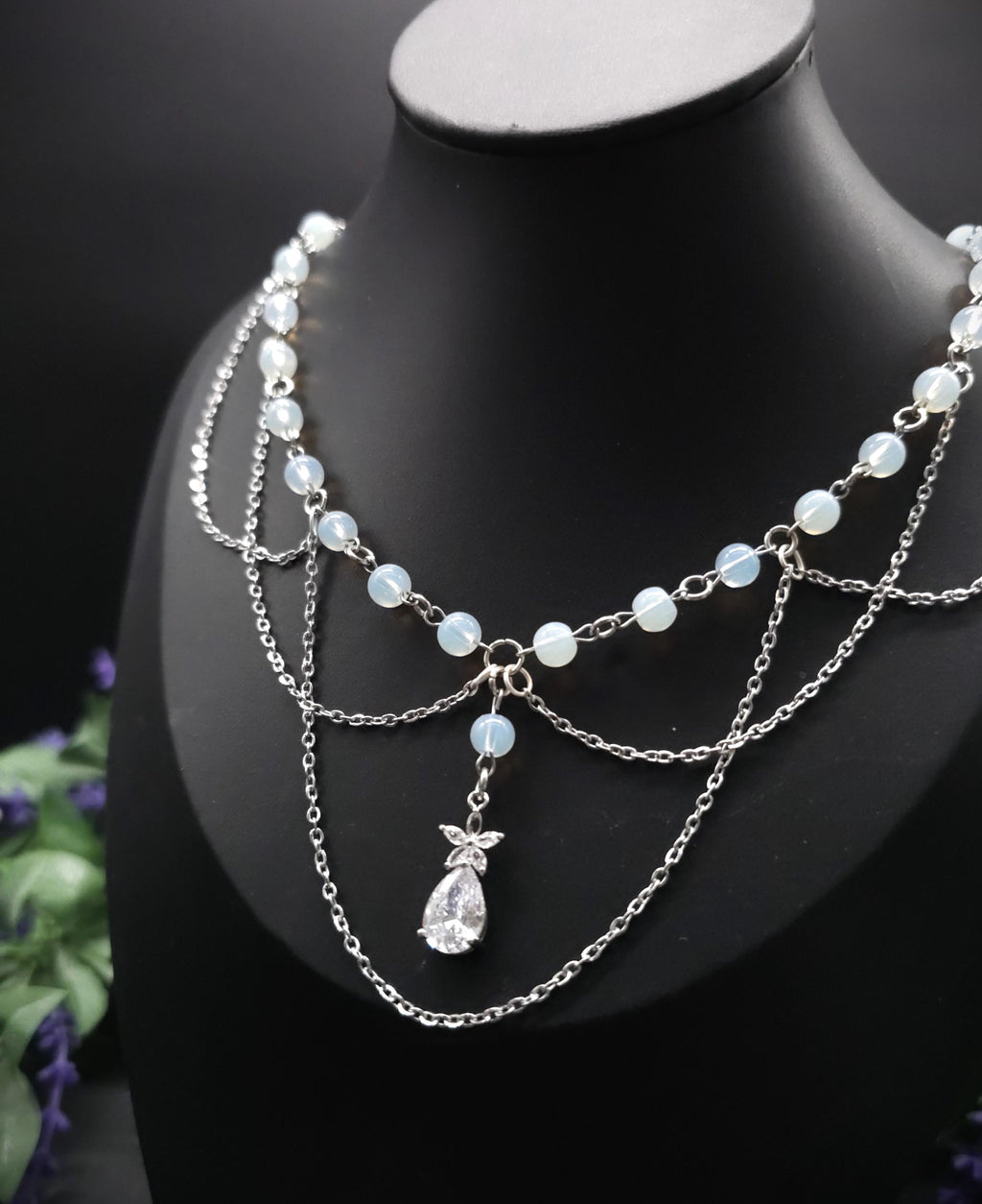 Opalith Perlen Halskette ~ Zirkonia Collier ~ Braut Schmuck ~ Celestial Kette ~ Größenverstellbar