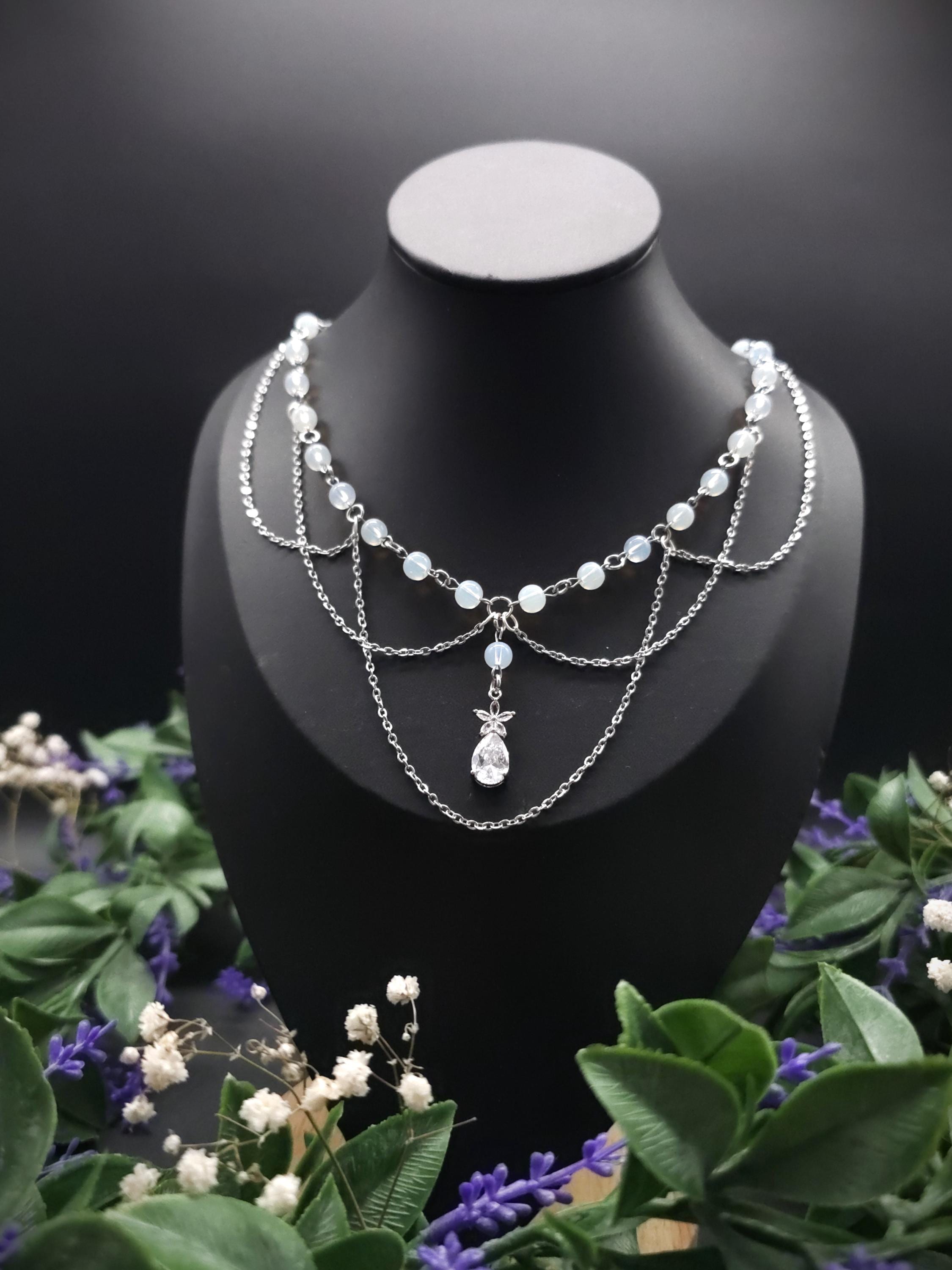 Opalith Perlen Halskette ~ Zirkonia Collier ~ Braut Schmuck ~ Celestial Kette ~ Größenverstellbar