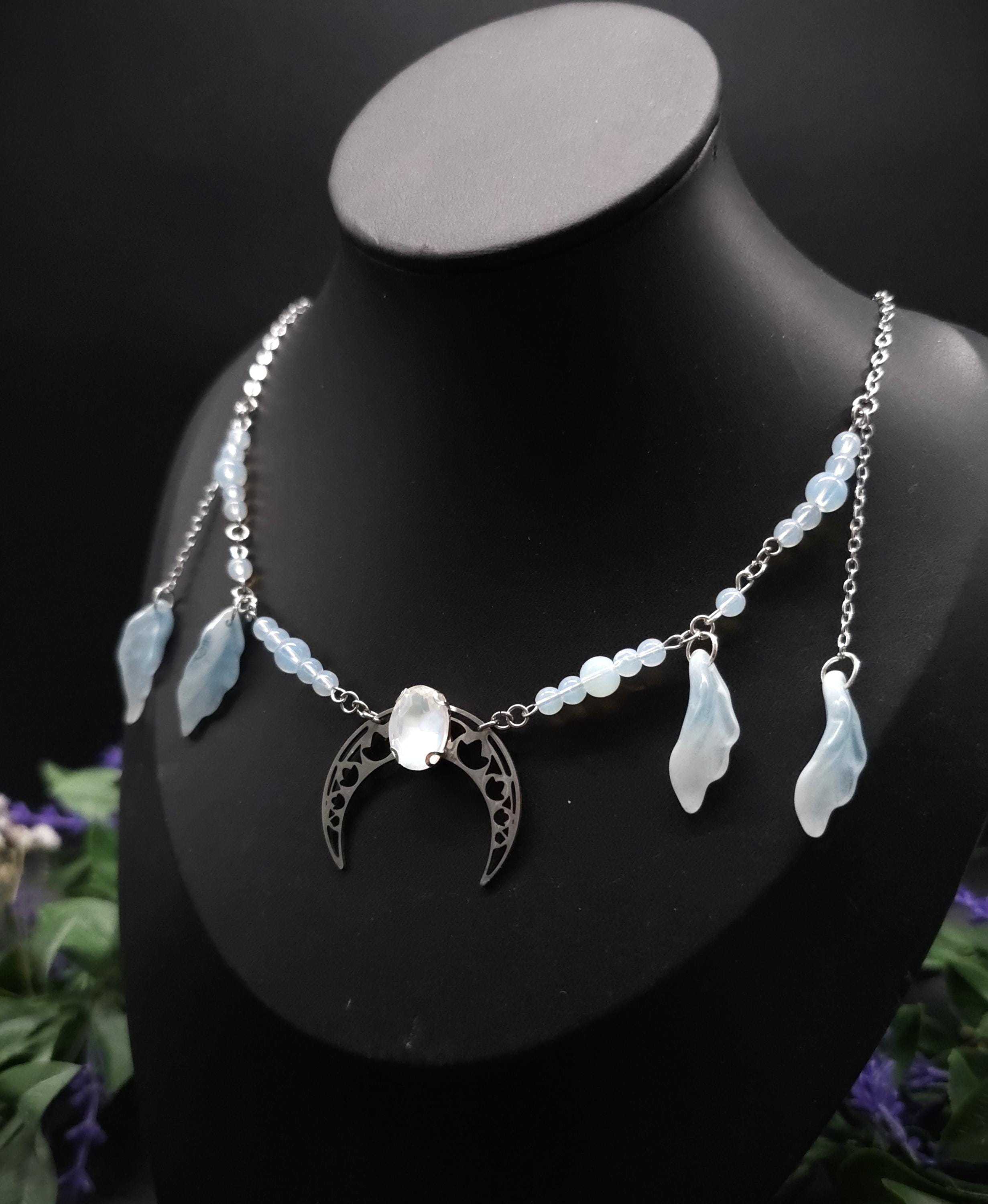 Edelstahl Mond Halskette ~ Opalith Perlen Collier ~ Elfen Fantasy Schmuck ~ Halbmond Kopfschmuck ~ Größenverstellbar