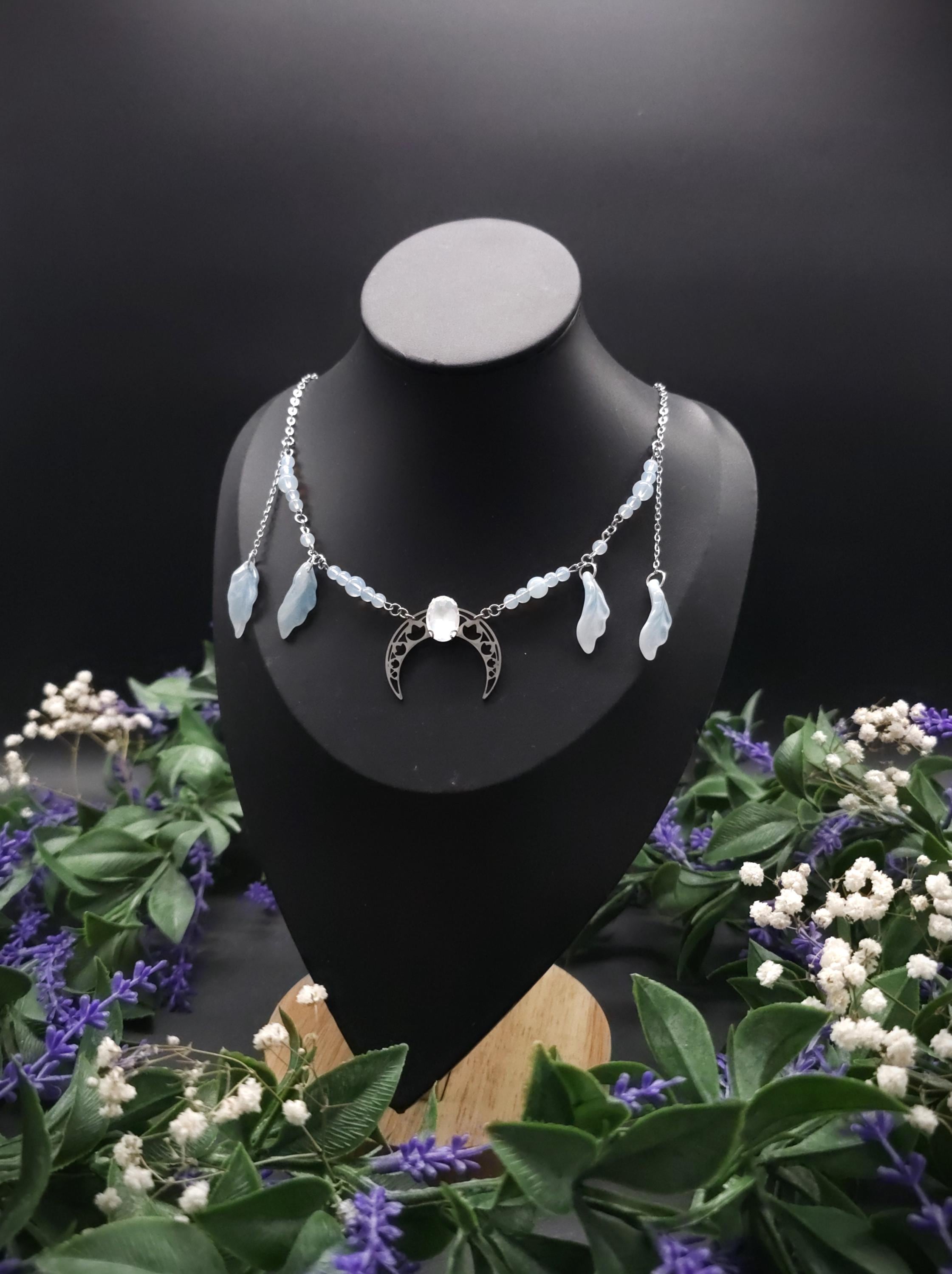 Edelstahl Mond Halskette ~ Opalith Perlen Collier ~ Elfen Fantasy Schmuck ~ Halbmond Kopfschmuck ~ Größenverstellbar