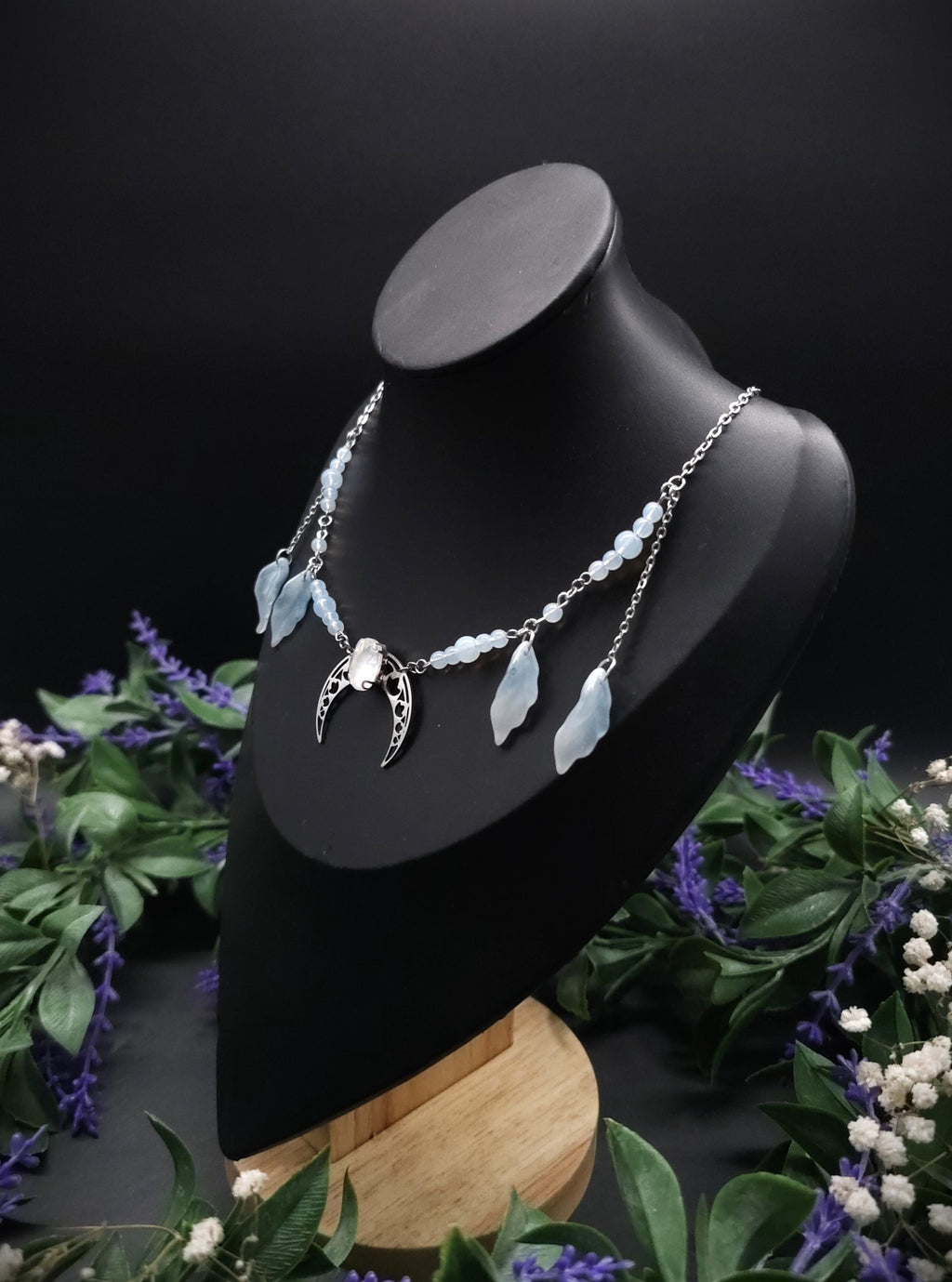 Edelstahl Mond Halskette ~ Opalith Perlen Collier ~ Elfen Fantasy Schmuck ~ Halbmond Kopfschmuck ~ Größenverstellbar