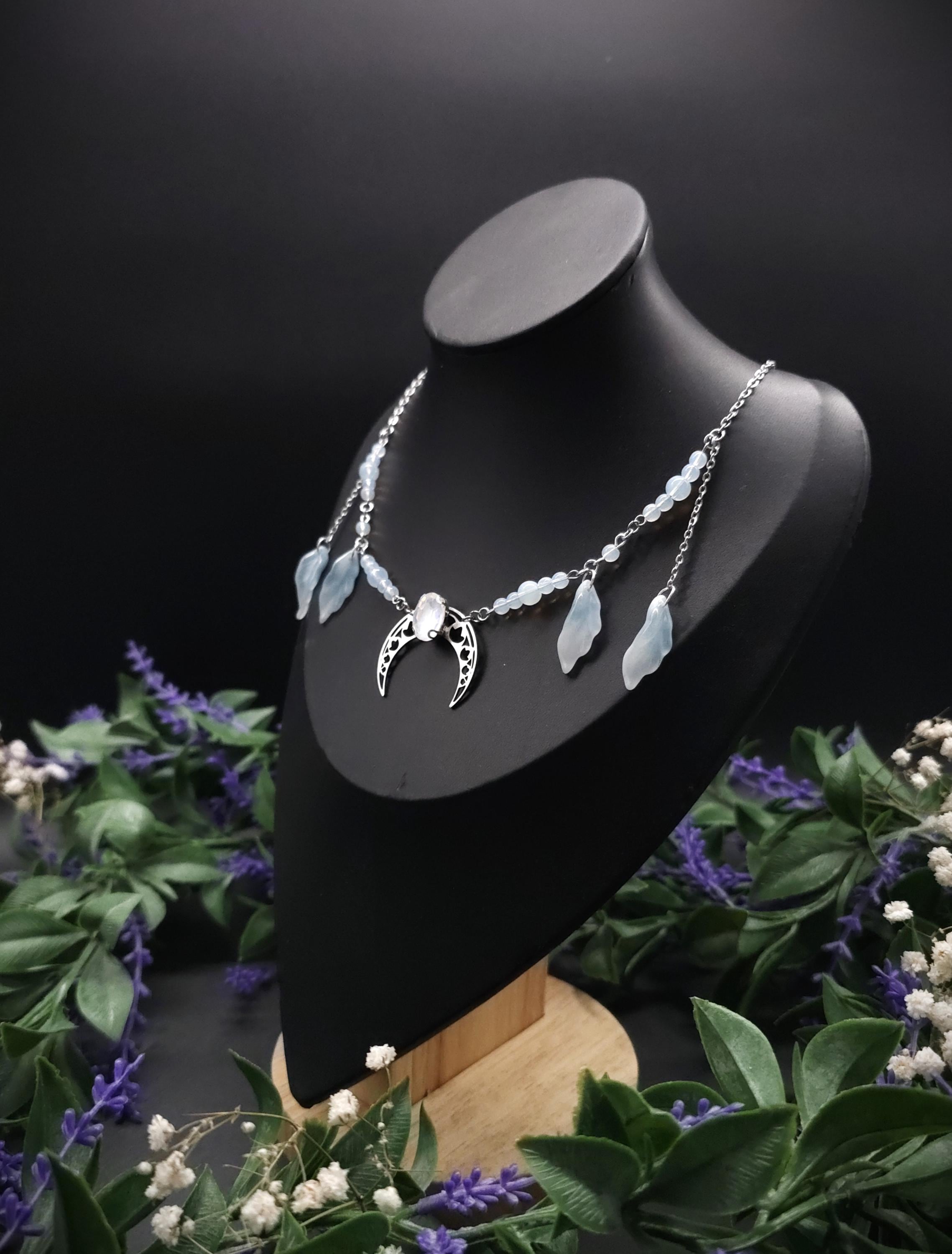 Edelstahl Mond Halskette ~ Opalith Perlen Collier ~ Elfen Fantasy Schmuck ~ Halbmond Kopfschmuck ~ Größenverstellbar