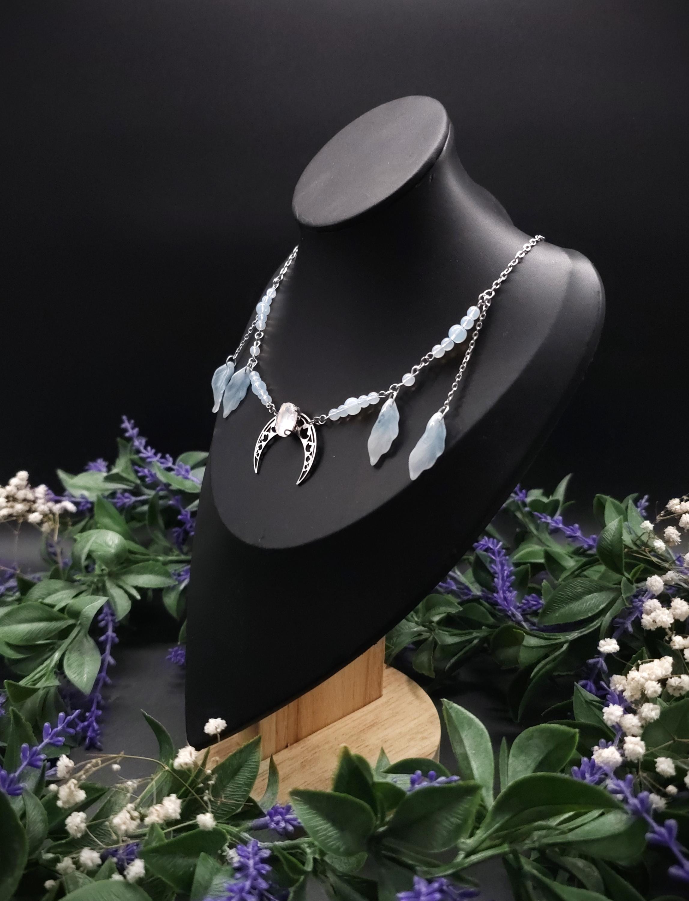 Edelstahl Mond Halskette ~ Opalith Perlen Collier ~ Elfen Fantasy Schmuck ~ Halbmond Kopfschmuck ~ Größenverstellbar
