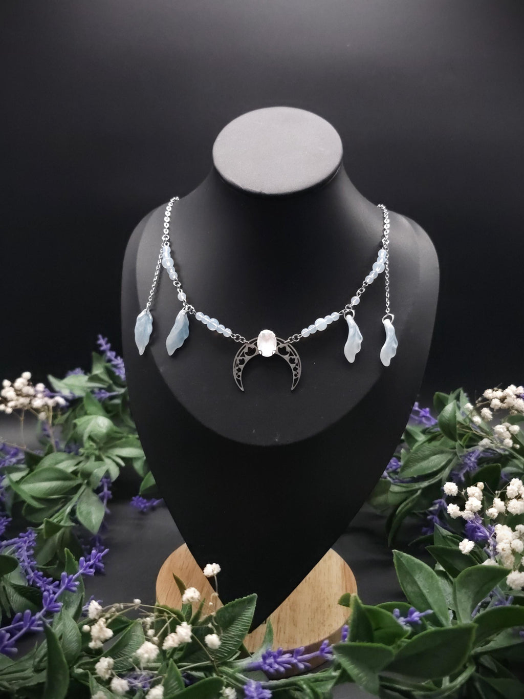 Edelstahl Mond Halskette ~ Opalith Perlen Collier ~ Elfen Fantasy Schmuck ~ Halbmond Kopfschmuck ~ Größenverstellbar