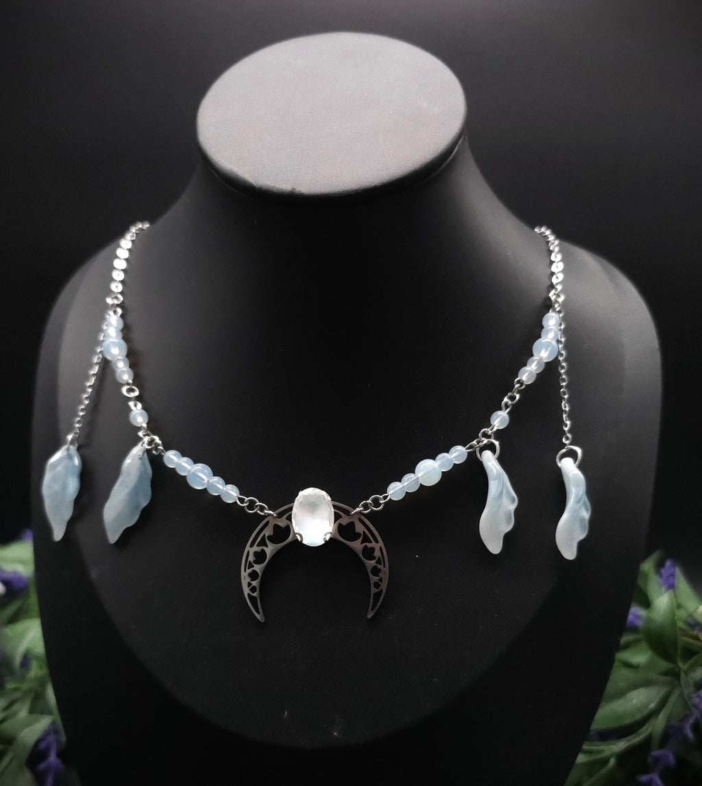 Edelstahl Mond Halskette ~ Opalith Perlen Collier ~ Elfen Fantasy Schmuck ~ Halbmond Kopfschmuck ~ Größenverstellbar