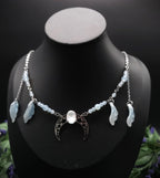 Edelstahl Mond Halskette ~ Opalith Perlen Collier ~ Elfen Fantasy Schmuck ~ Halbmond Kopfschmuck ~ Größenverstellbar