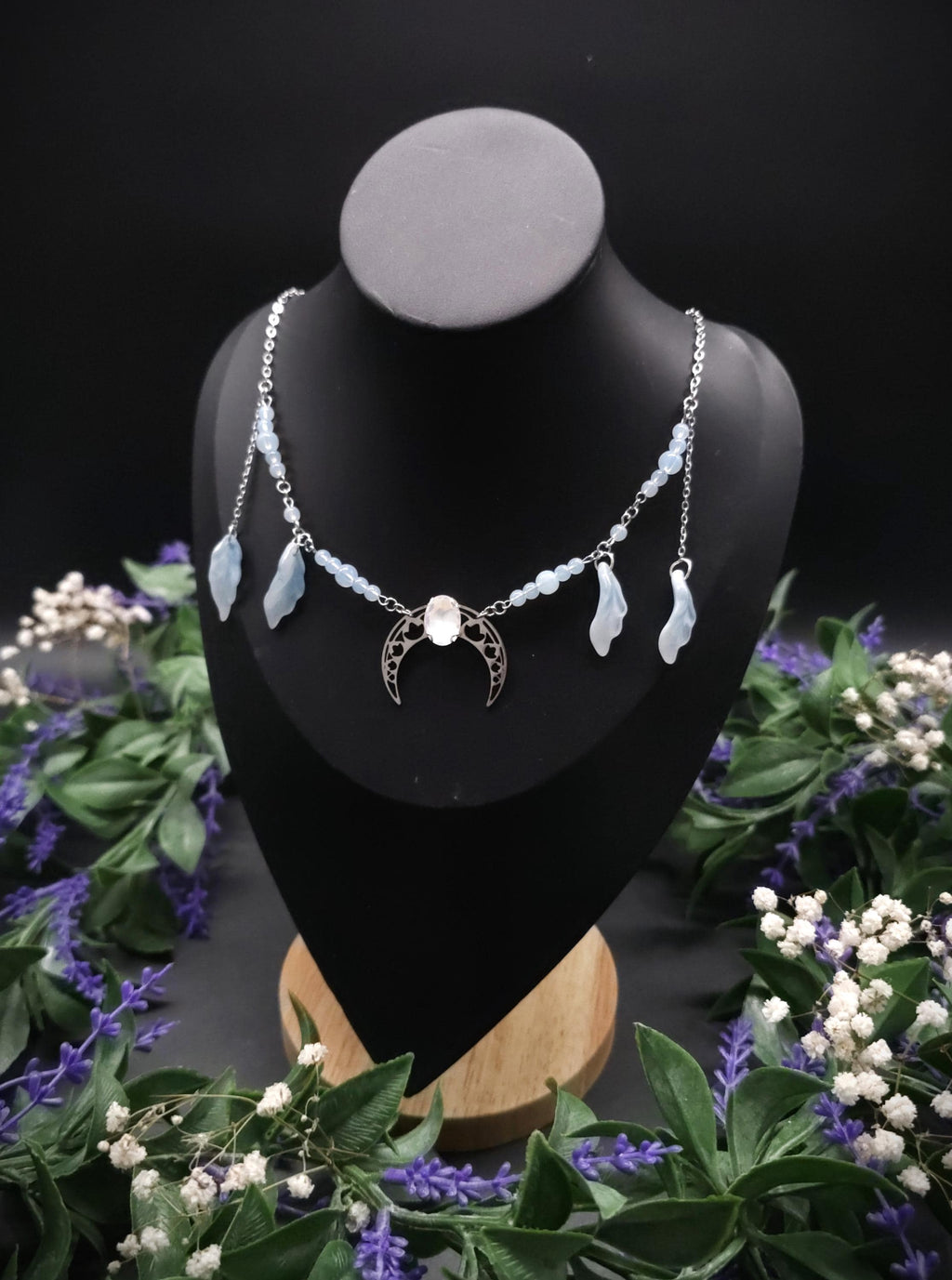 Edelstahl Mond Halskette ~ Opalith Perlen Collier ~ Elfen Fantasy Schmuck ~ Halbmond Kopfschmuck ~ Größenverstellbar