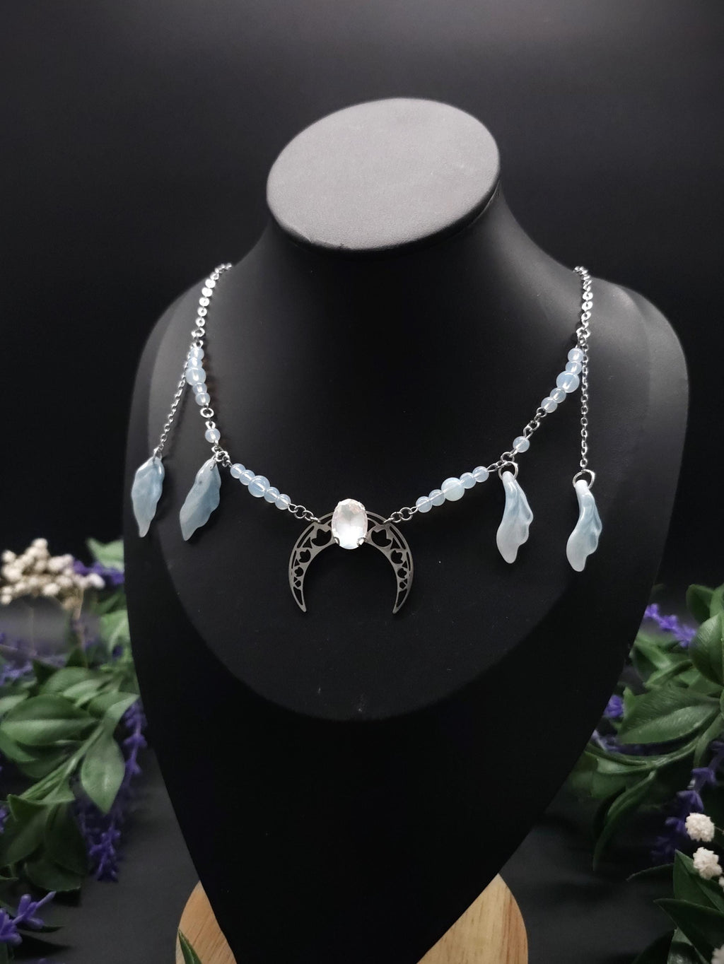 Edelstahl Mond Halskette ~ Opalith Perlen Collier ~ Elfen Fantasy Schmuck ~ Halbmond Kopfschmuck ~ Größenverstellbar