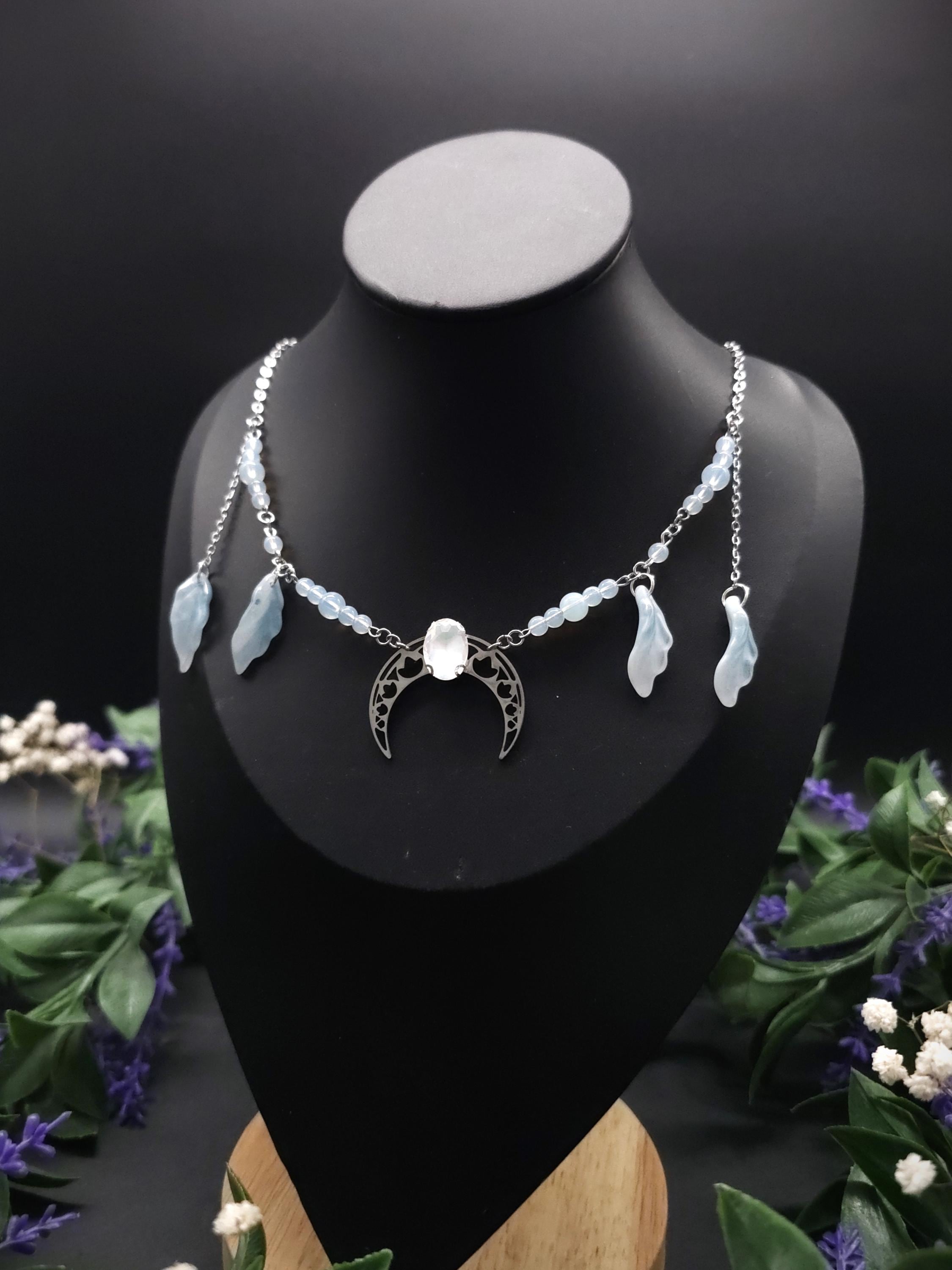 Edelstahl Mond Halskette ~ Opalith Perlen Collier ~ Elfen Fantasy Schmuck ~ Halbmond Kopfschmuck ~ Größenverstellbar