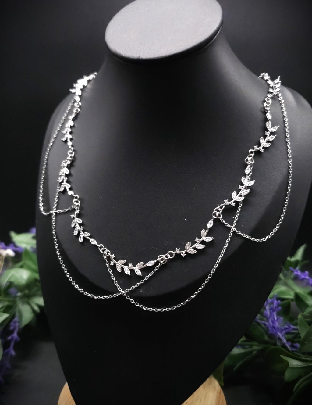 Braut Halskette mit Zirkonia ~ Größenverstellbares Collier aus Edelstahl ~ filigrane Zweige ~ Fantasy Schmuck