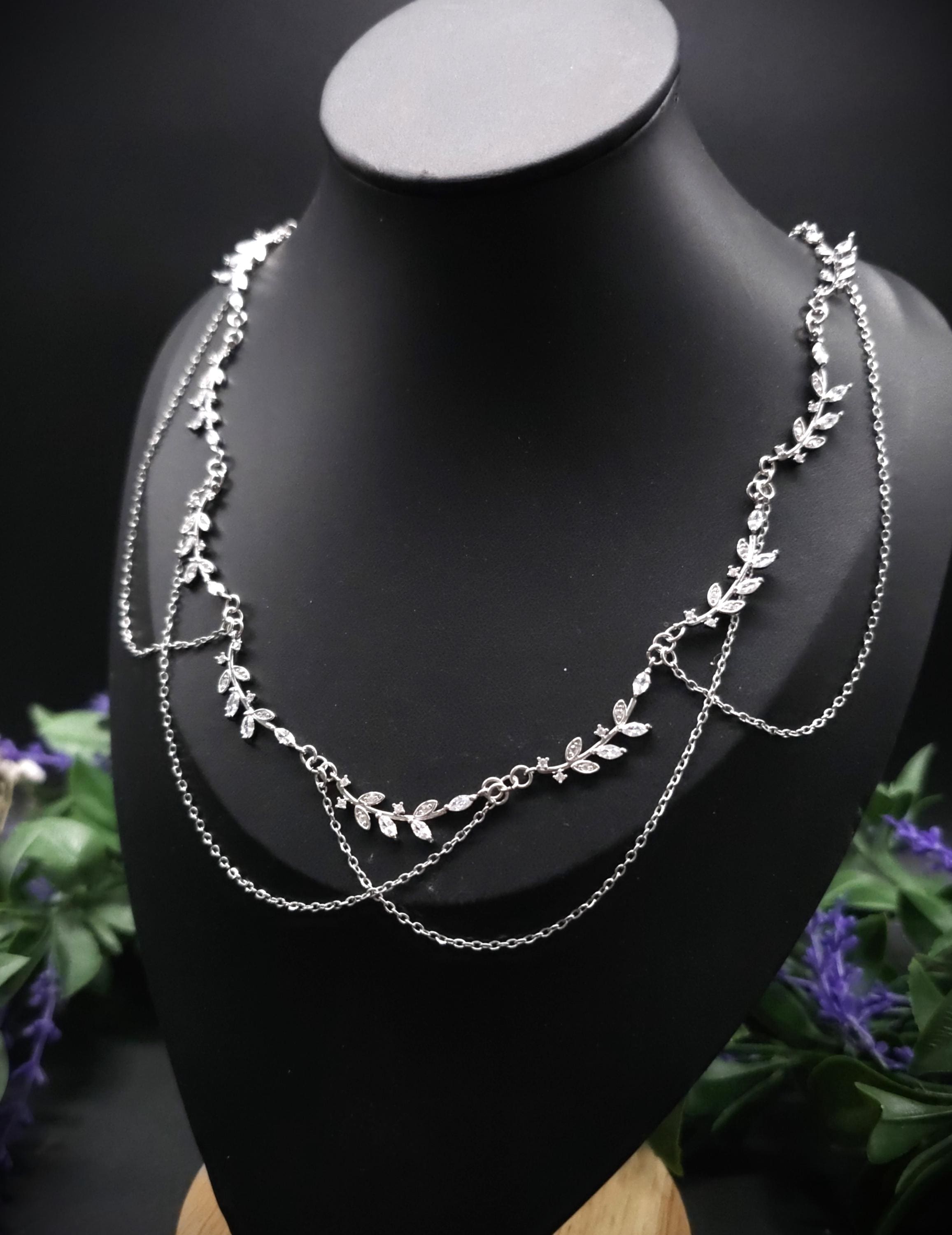 Braut Halskette mit Zirkonia ~ Größenverstellbares Collier aus Edelstahl ~ filigrane Zweige ~ Fantasy Schmuck