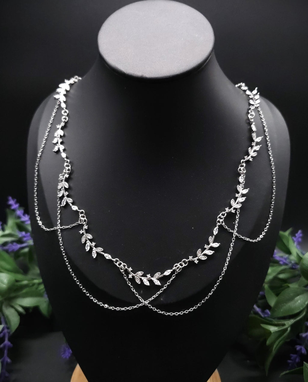 Braut Halskette mit Zirkonia ~ Größenverstellbares Collier aus Edelstahl ~ filigrane Zweige ~ Fantasy Schmuck