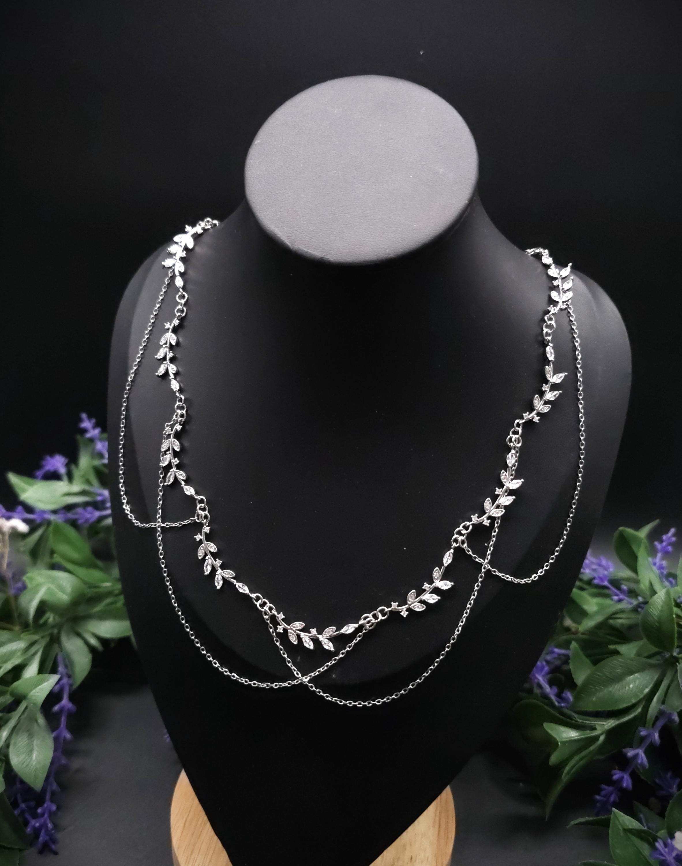 Braut Halskette mit Zirkonia ~ Größenverstellbares Collier aus Edelstahl ~ filigrane Zweige ~ Fantasy Schmuck