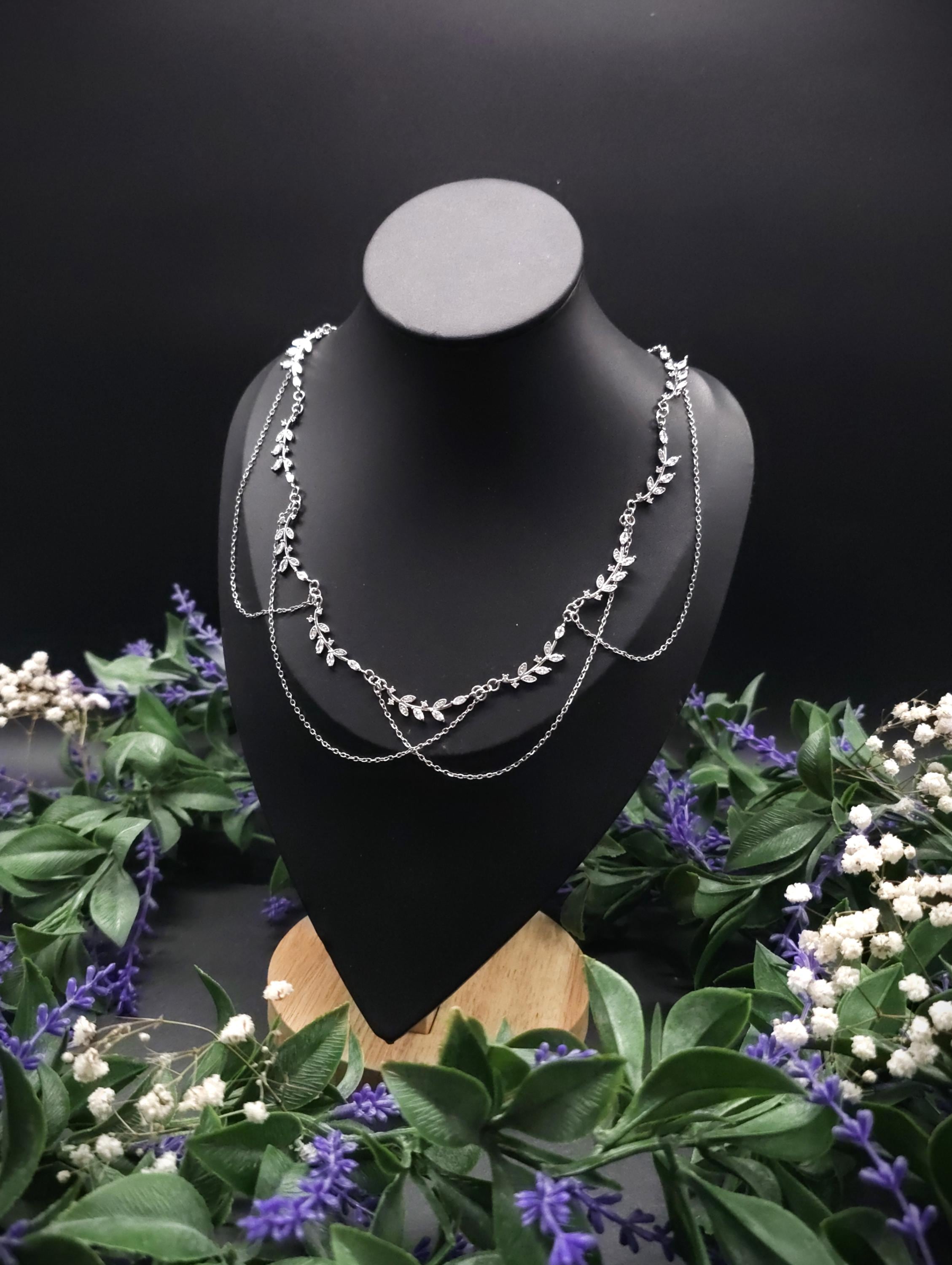 Braut Halskette mit Zirkonia ~ Größenverstellbares Collier aus Edelstahl ~ filigrane Zweige ~ Fantasy Schmuck