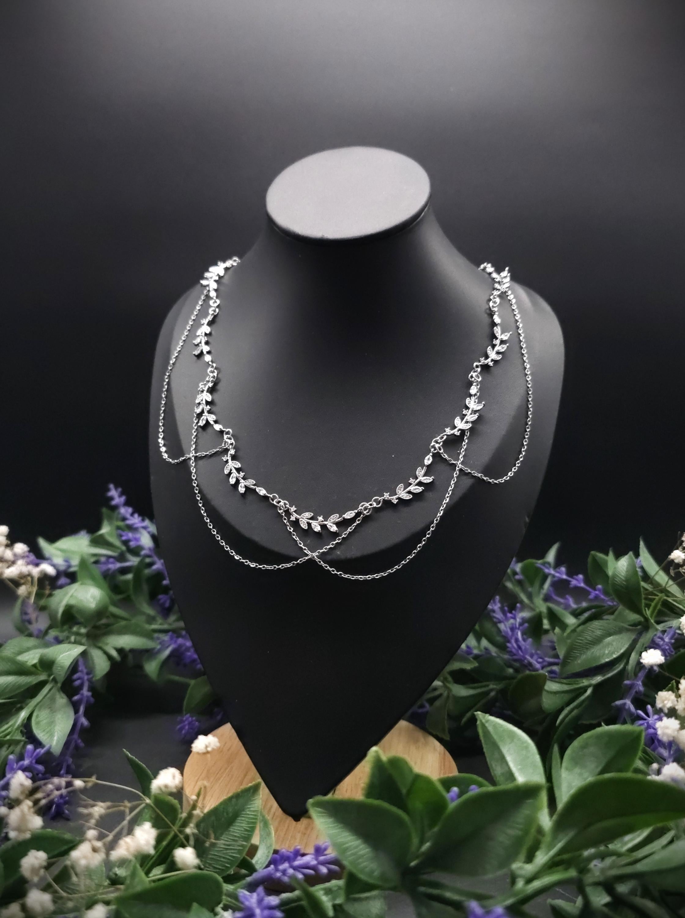 Braut Halskette mit Zirkonia ~ Größenverstellbares Collier aus Edelstahl ~ filigrane Zweige ~ Fantasy Schmuck