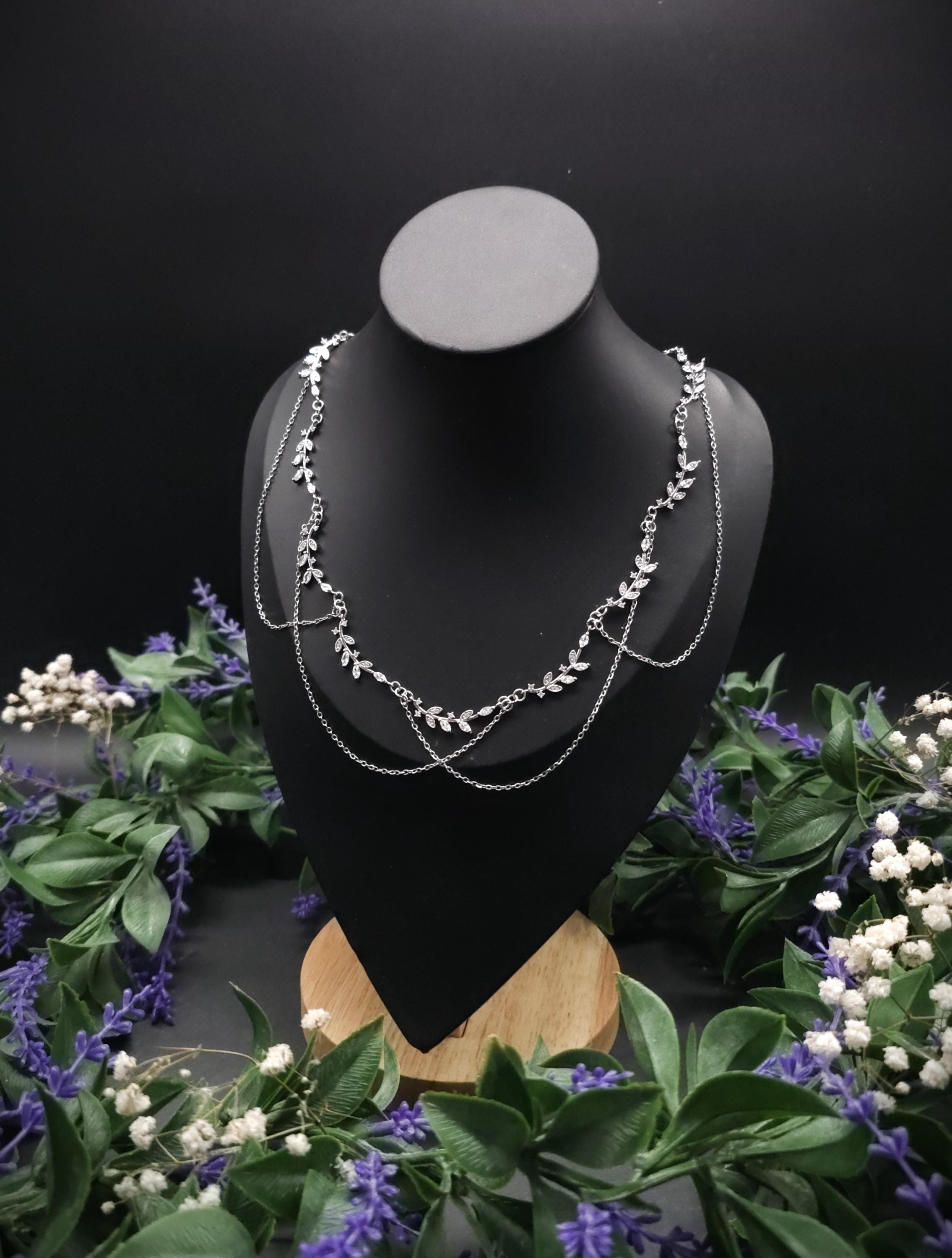 Braut Halskette mit Zirkonia ~ Größenverstellbares Collier aus Edelstahl ~ filigrane Zweige ~ Fantasy Schmuck