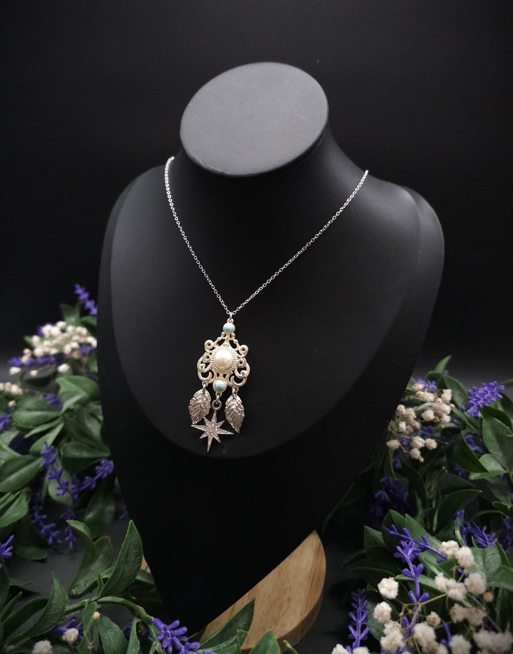 Fantasy Halskette mit Perlen Cabochon & Türkis ~ Edelstahl Kette ~ Elbenschmuck