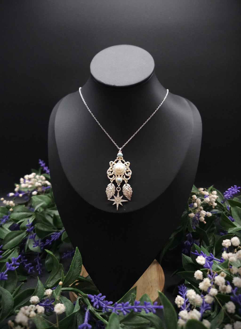 Fantasy Halskette mit Perlen Cabochon & Türkis ~ Edelstahl Kette ~ Elbenschmuck