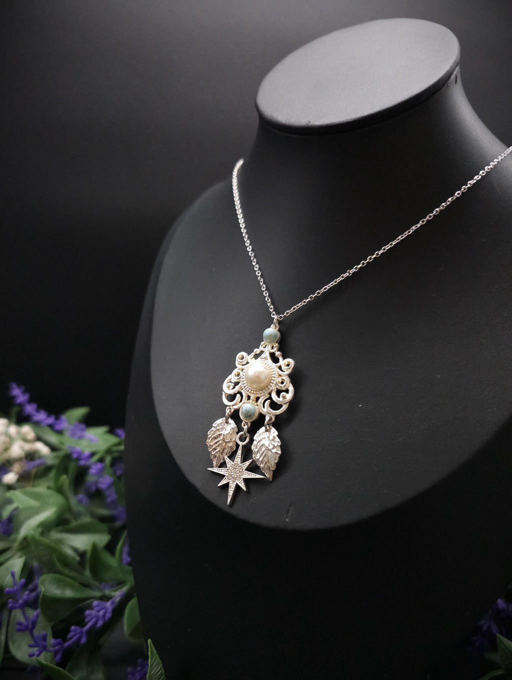 Fantasy Halskette mit Perlen Cabochon & Türkis ~ Edelstahl Kette ~ Elbenschmuck