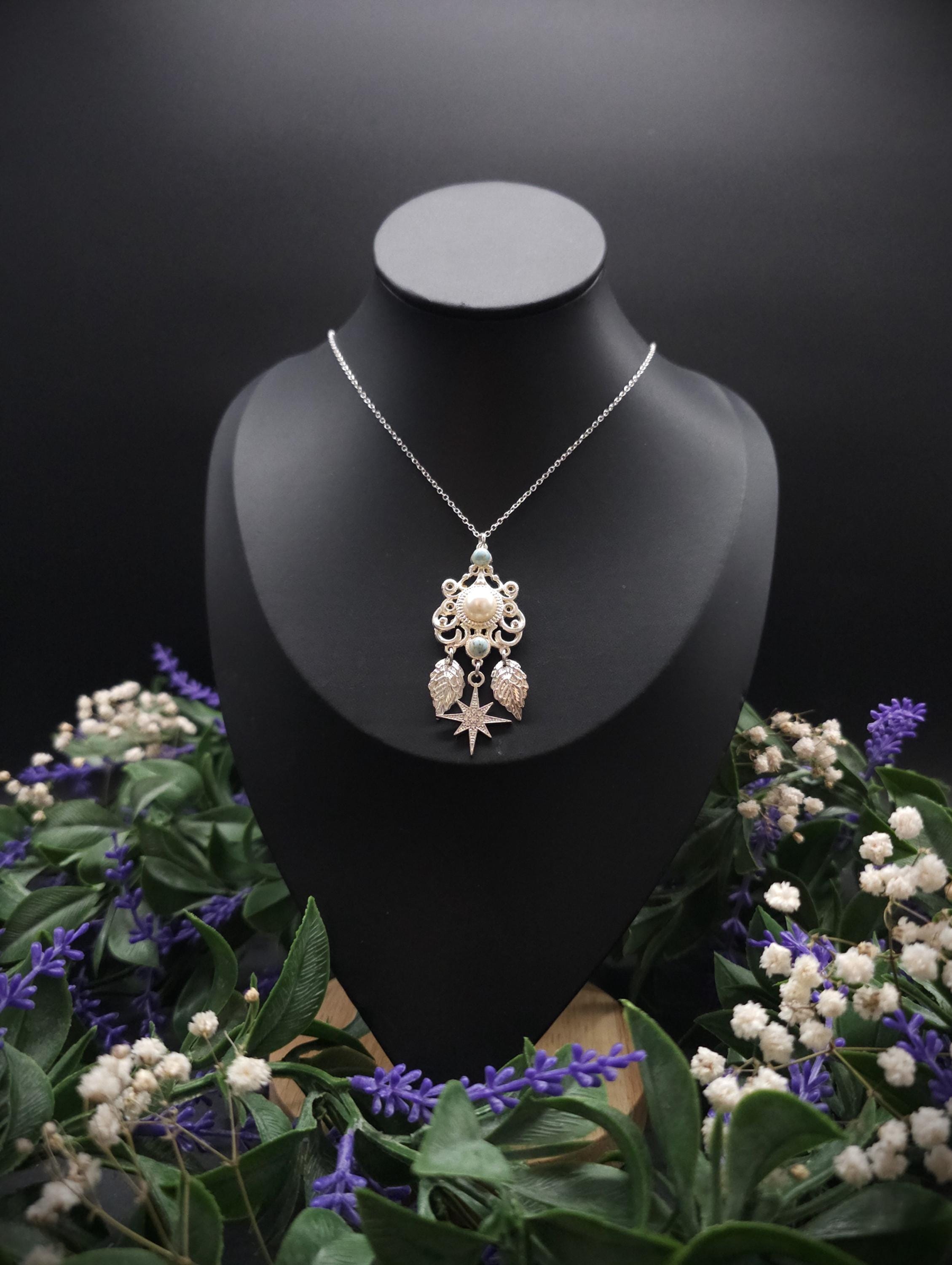 Fantasy Halskette mit Perlen Cabochon & Türkis ~ Edelstahl Kette ~ Elbenschmuck