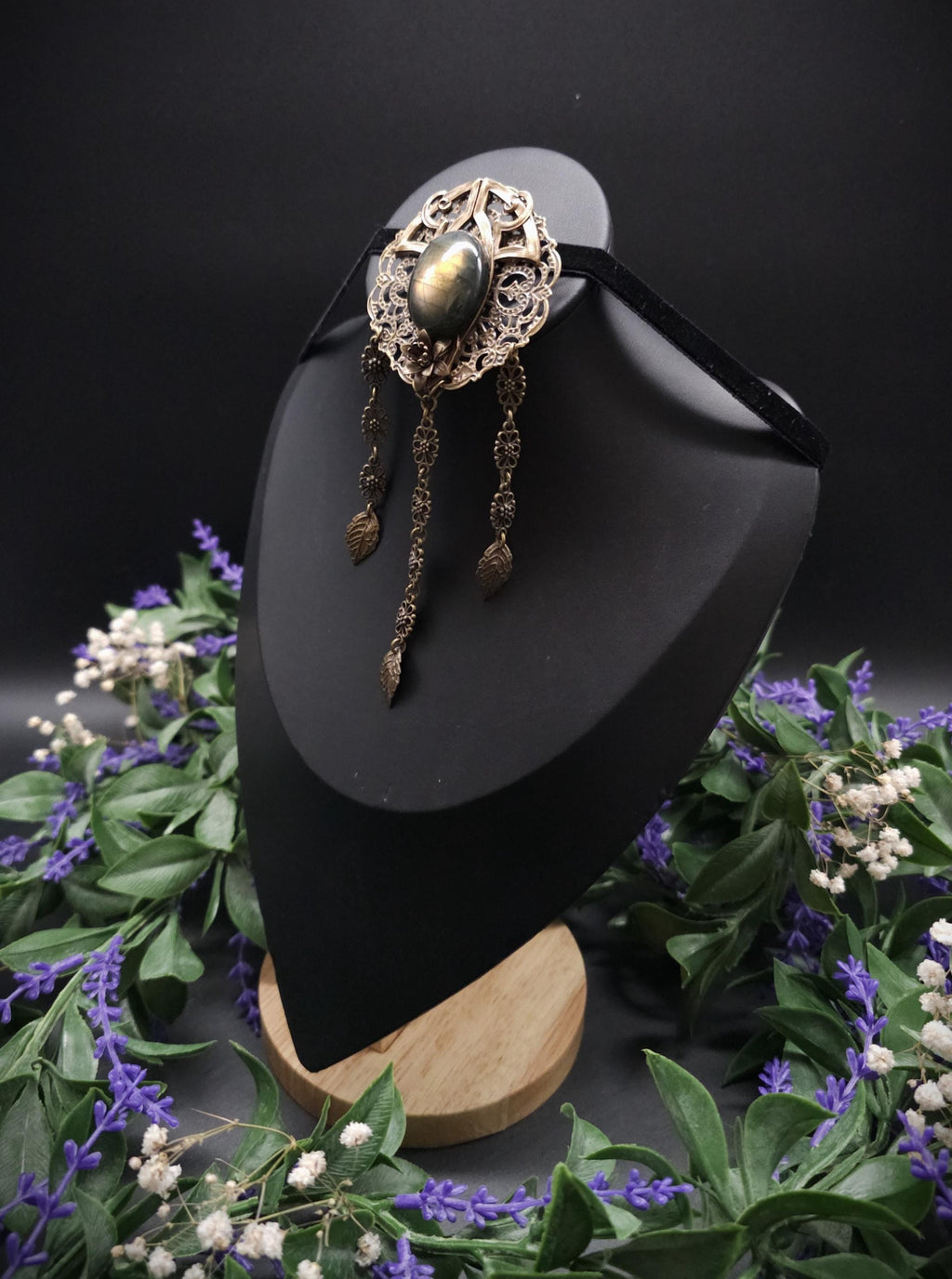 Bronzefarbene Fantasy Brosche ~ Handgefertigter Art Nouveau Pin mit Labradorit ~ Elbenschmuck ~ Elfen Accessoire