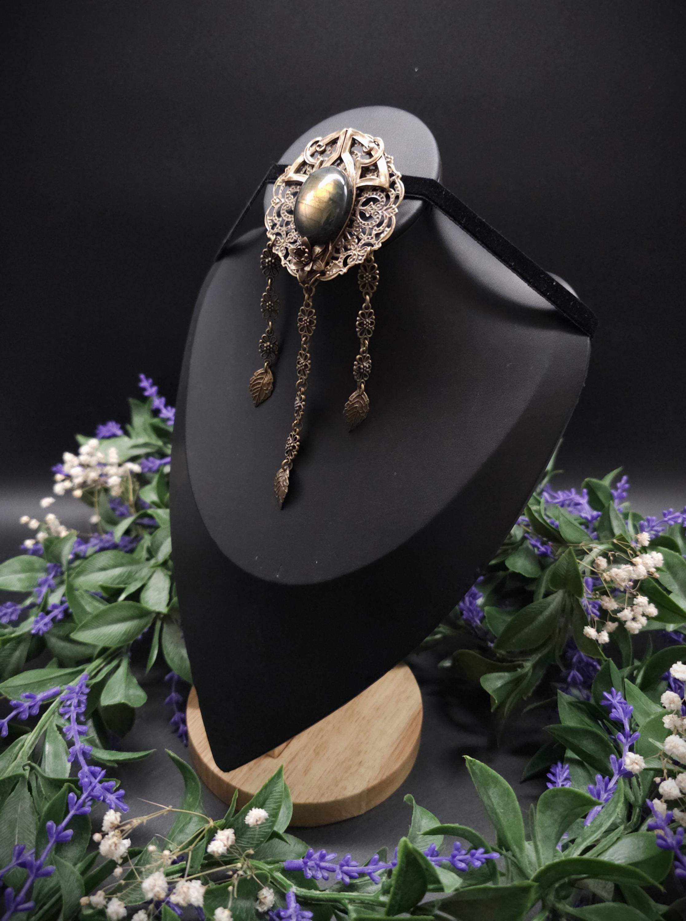 Bronzefarbene Fantasy Brosche ~ Handgefertigter Art Nouveau Pin mit Labradorit ~ Elbenschmuck ~ Elfen Accessoire