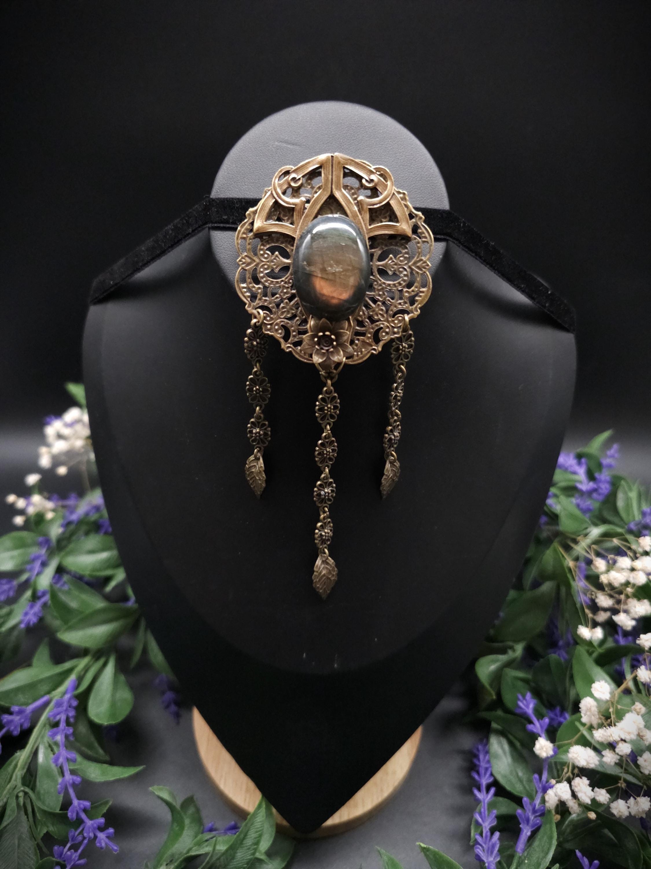Bronzefarbene Fantasy Brosche ~ Handgefertigter Art Nouveau Pin mit Labradorit ~ Elbenschmuck ~ Elfen Accessoire