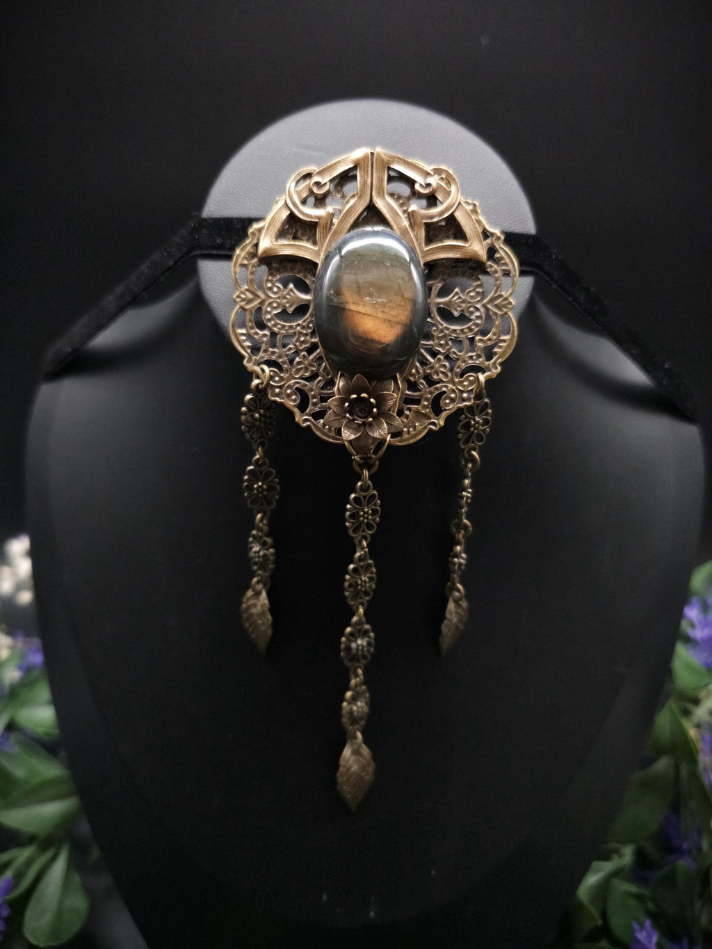 Bronzefarbene Fantasy Brosche ~ Handgefertigter Art Nouveau Pin mit Labradorit ~ Elbenschmuck ~ Elfen Accessoire