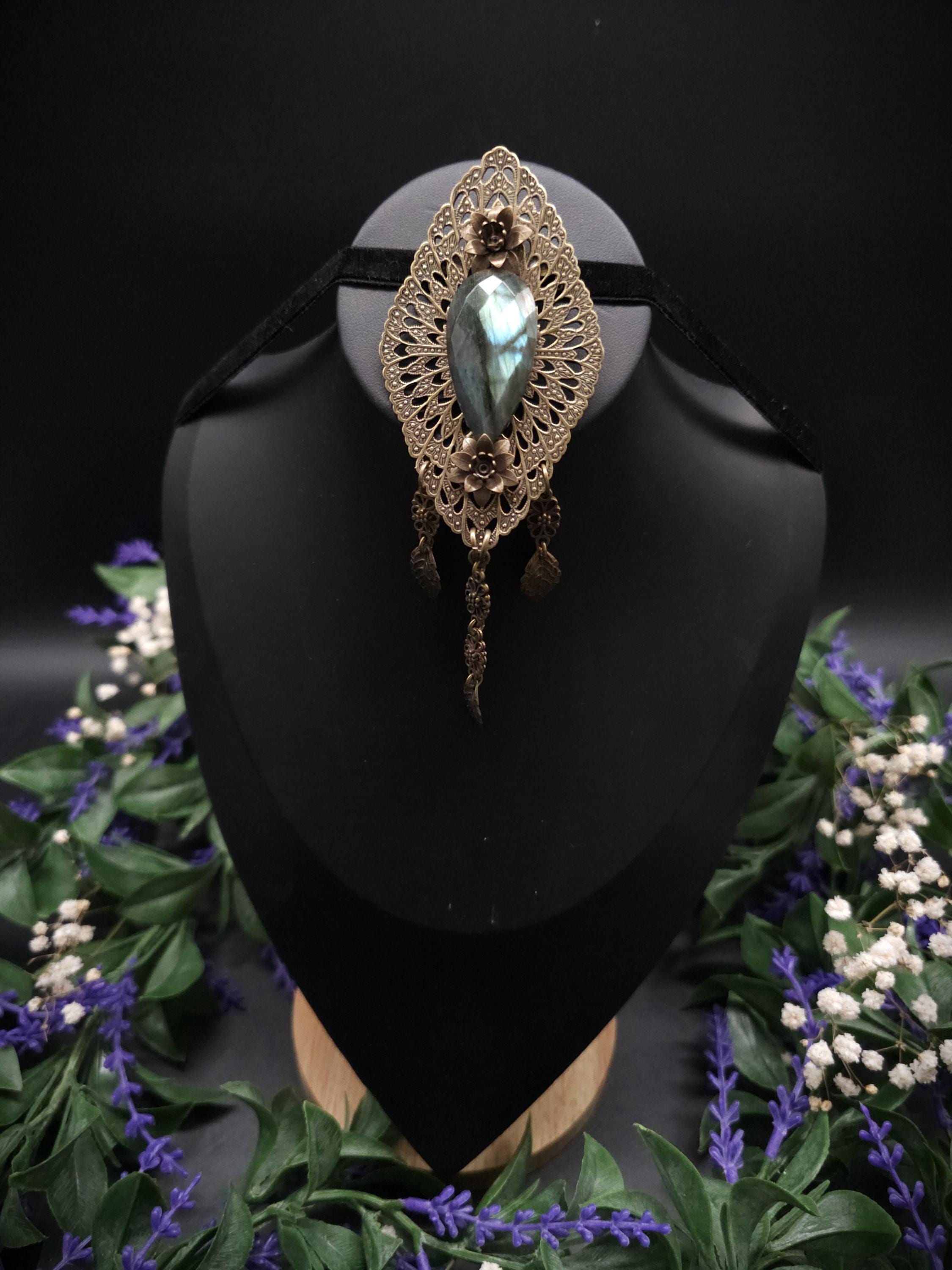 Art Nouveau Brosche mit Labradorit ~ Elfenschmuck ~ Bronzener Fantasy Pin ~ Jugendstil Unikat