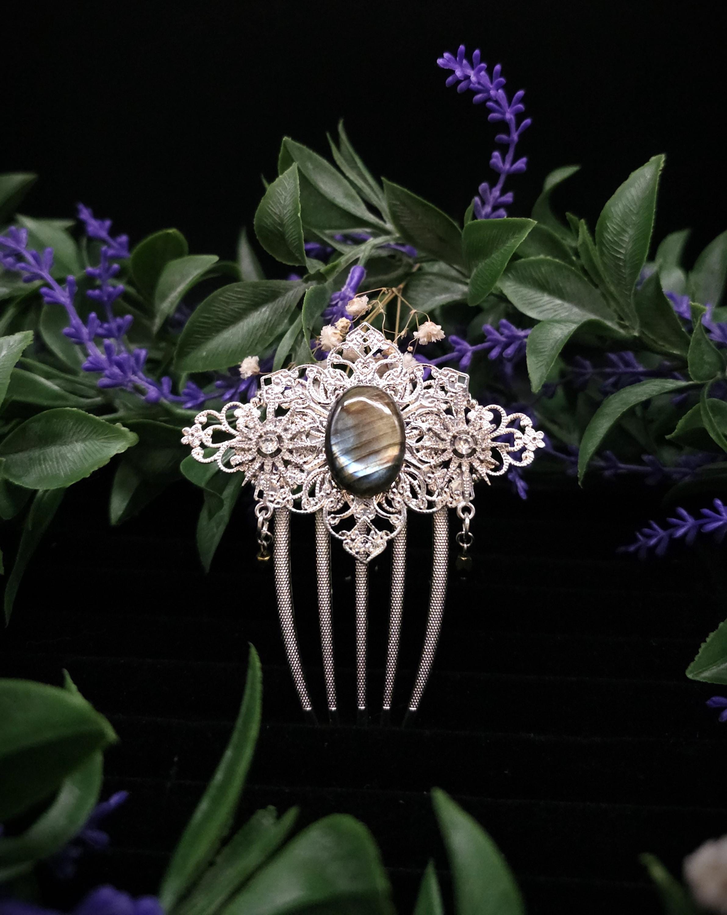 Labradorit Haarkamm ~ filigraner Haarschmuck mit Sternen ~ Art Nouveau Accessoire ~ Hochzeit, Fantasy & LARP