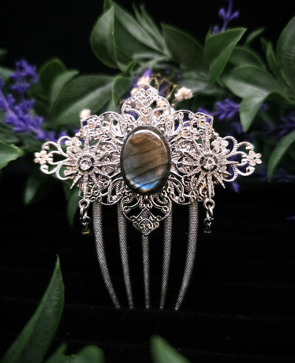 Labradorit Haarkamm ~ filigraner Haarschmuck mit Sternen ~ Art Nouveau Accessoire ~ Hochzeit, Fantasy & LARP