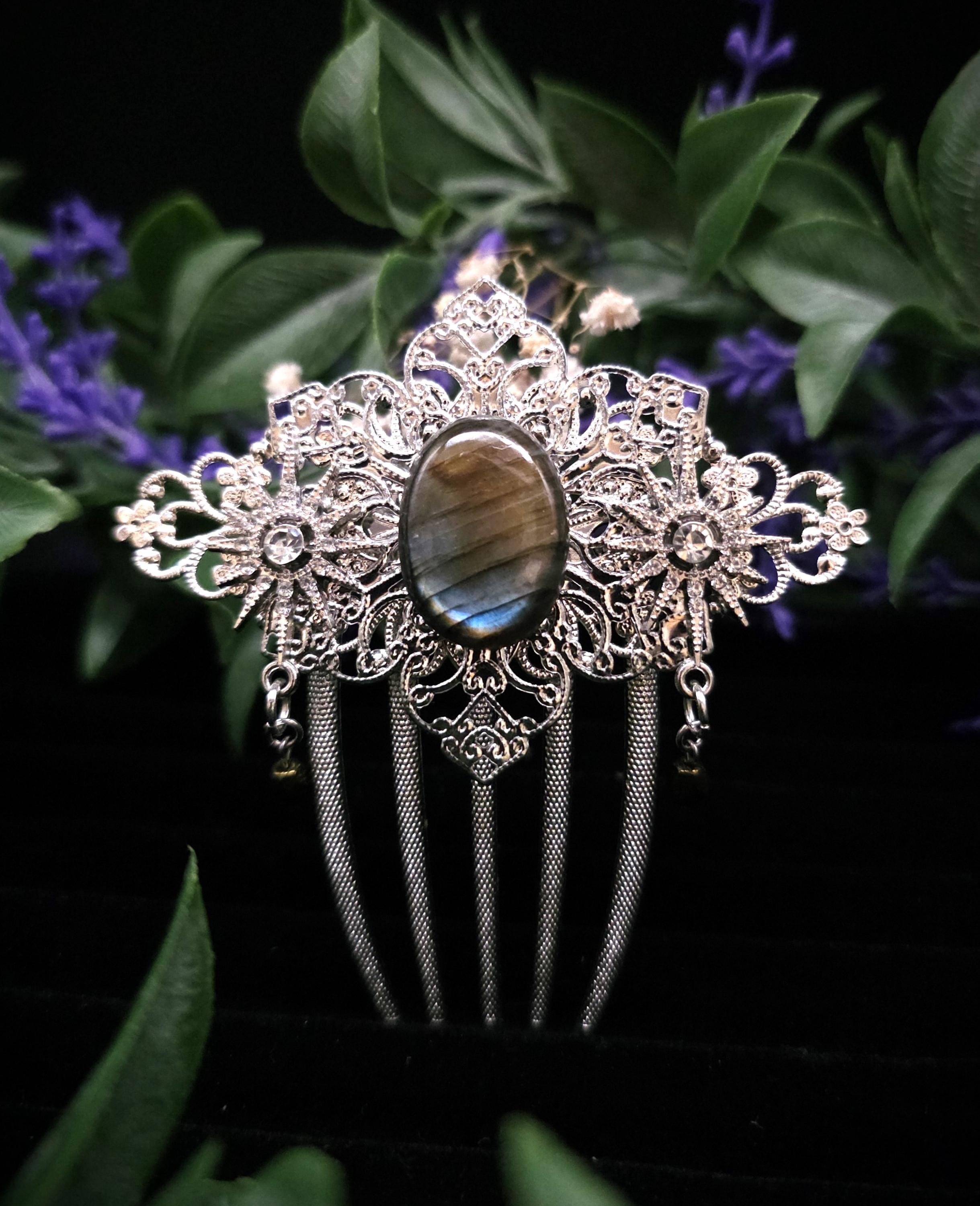 Labradorit Haarkamm ~ filigraner Haarschmuck mit Sternen ~ Art Nouveau Accessoire ~ Hochzeit, Fantasy & LARP