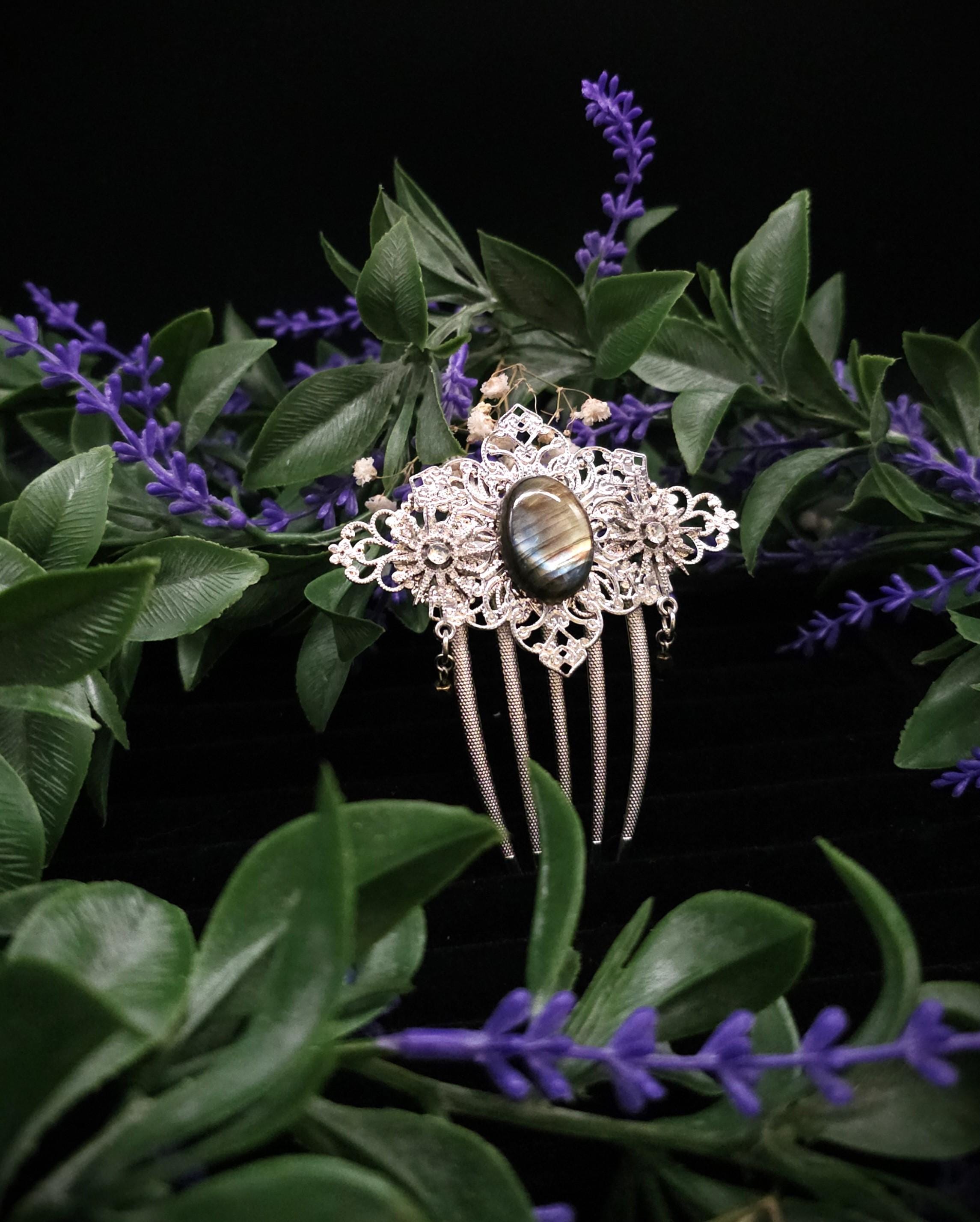 Labradorit Haarkamm ~ filigraner Haarschmuck mit Sternen ~ Art Nouveau Accessoire ~ Hochzeit, Fantasy & LARP