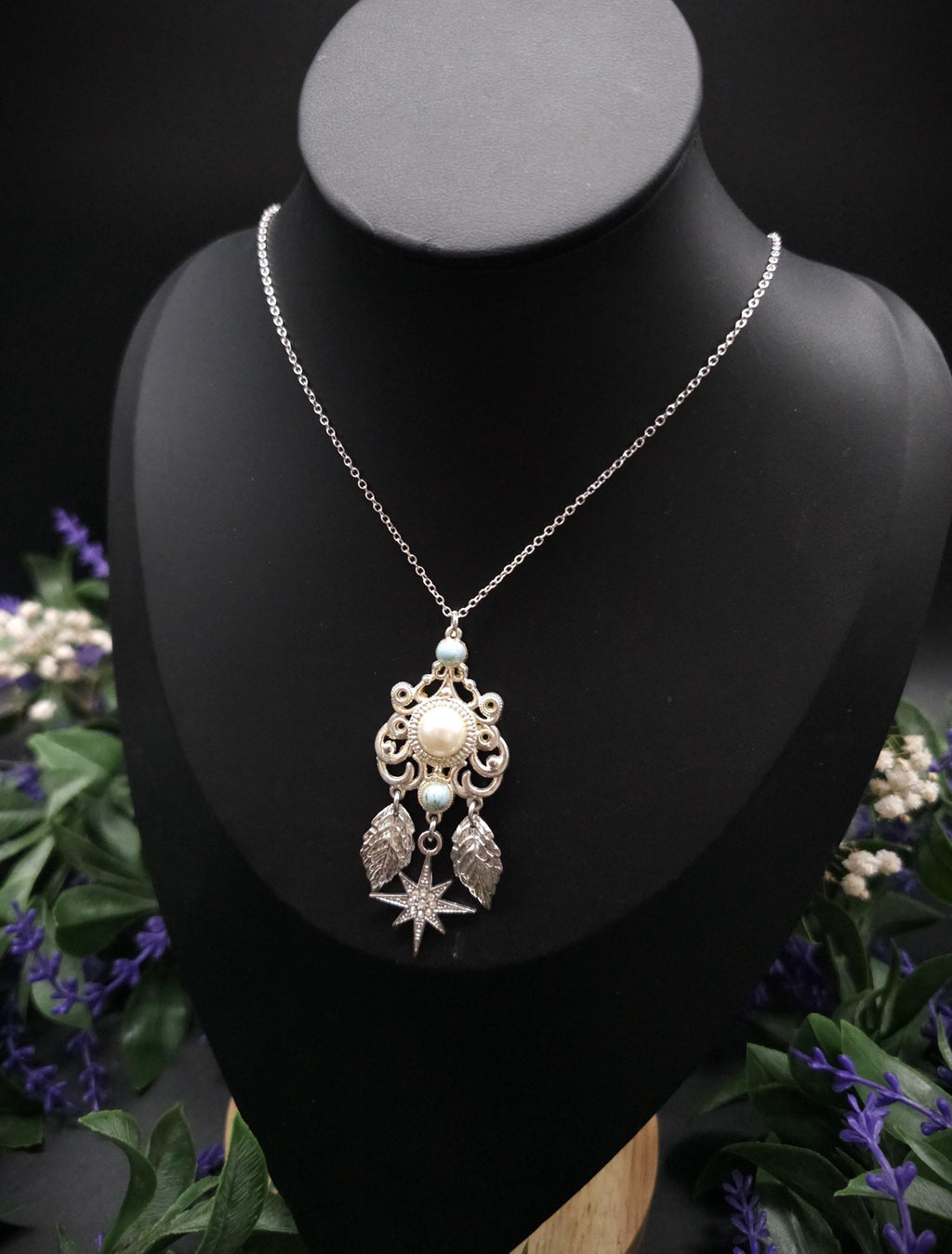 Fantasy Halskette mit Perlen Cabochon & Türkis ~ Edelstahl Kette ~ Elbenschmuck