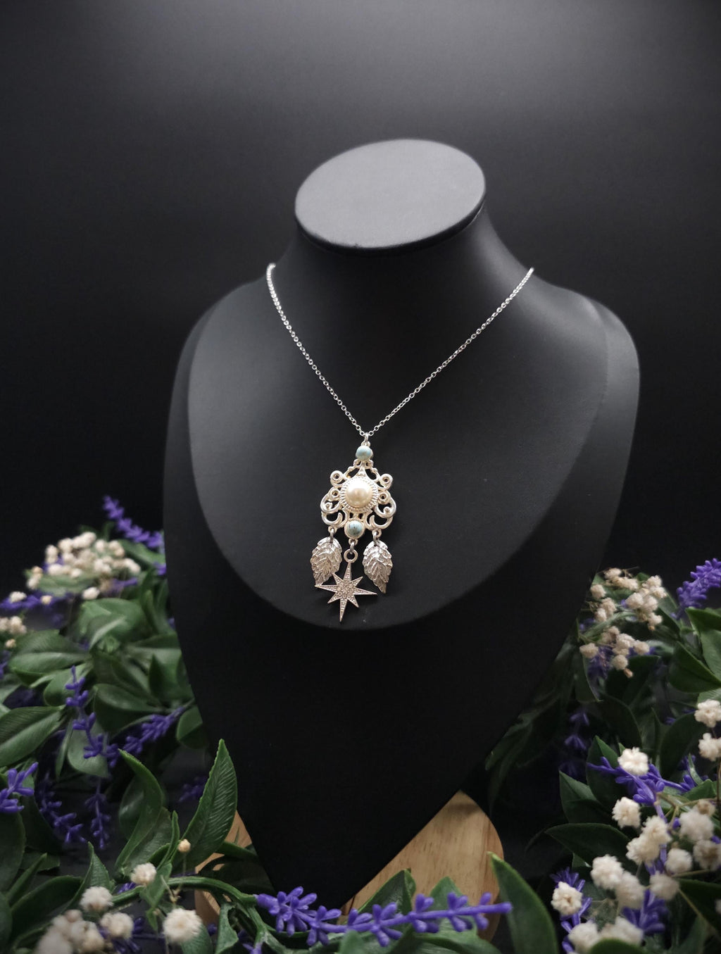 Fantasy Halskette mit Perlen Cabochon & Türkis ~ Edelstahl Kette ~ Elbenschmuck