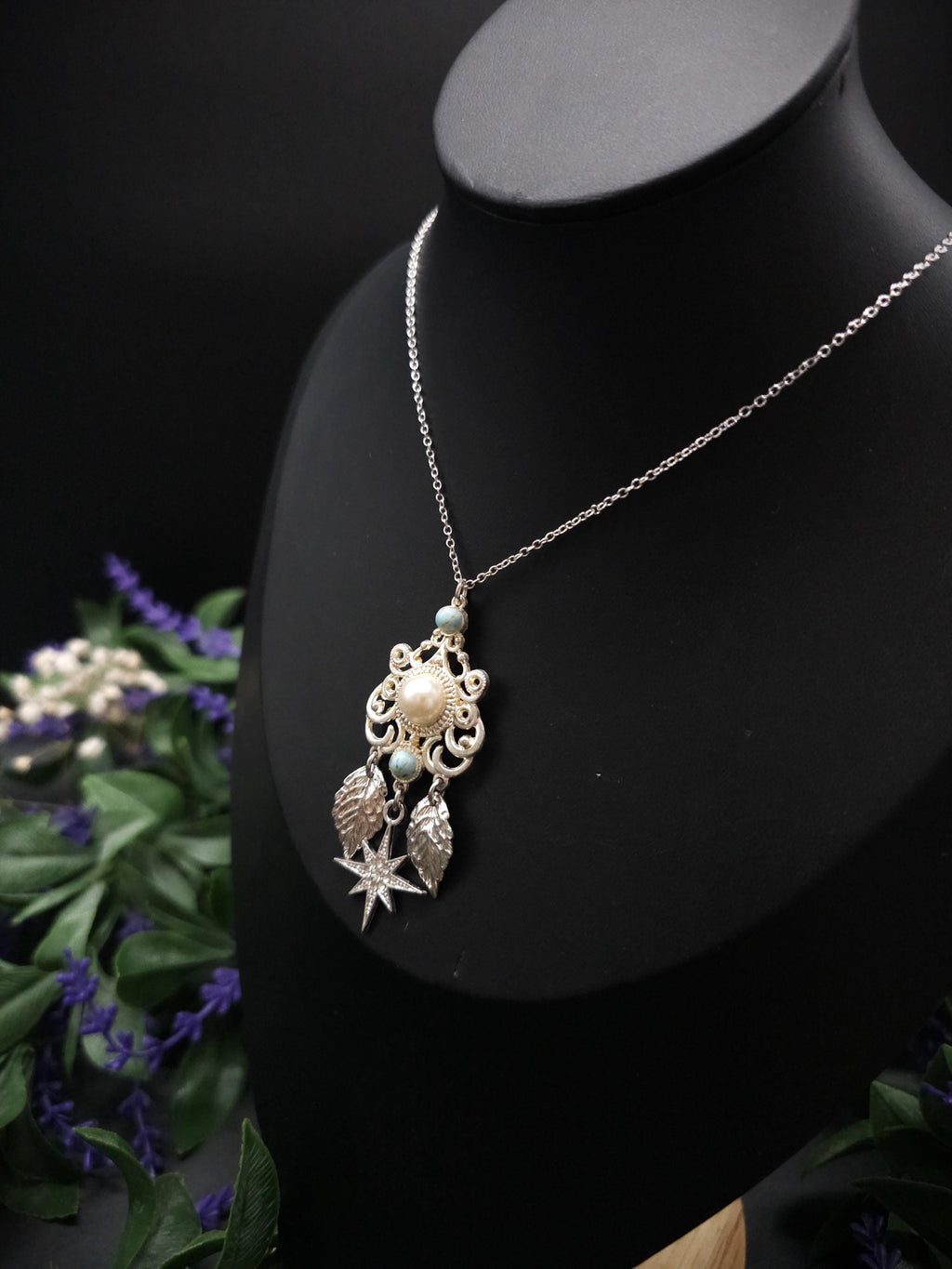 Fantasy Halskette mit Perlen Cabochon & Türkis ~ Edelstahl Kette ~ Elbenschmuck