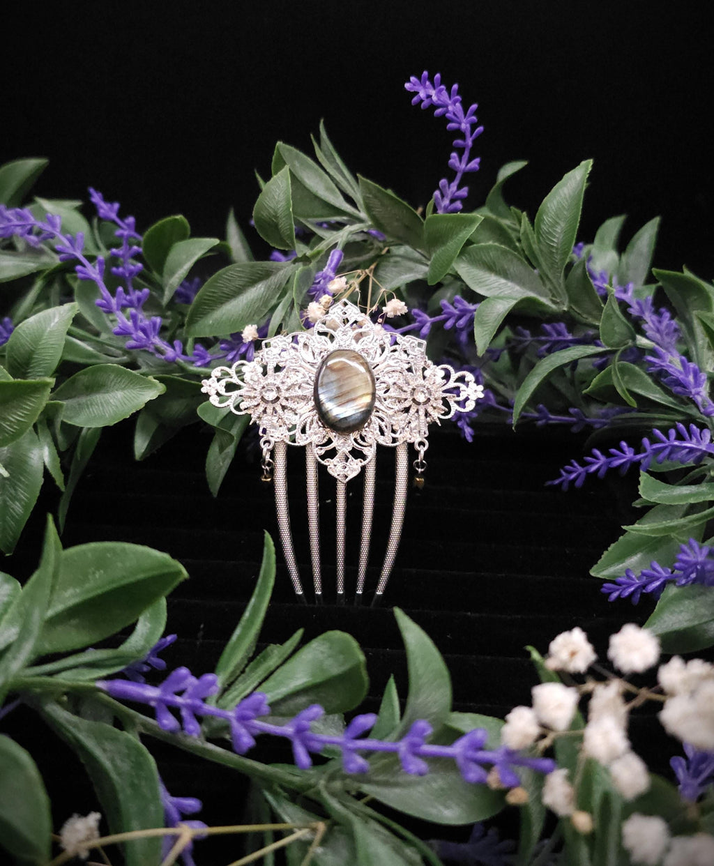 Labradorit Haarkamm ~ filigraner Haarschmuck mit Sternen ~ Art Nouveau Accessoire ~ Hochzeit, Fantasy & LARP