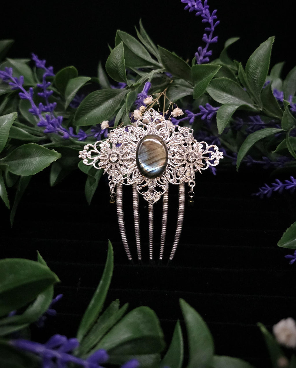 Labradorit Haarkamm ~ filigraner Haarschmuck mit Sternen ~ Art Nouveau Accessoire ~ Hochzeit, Fantasy & LARP