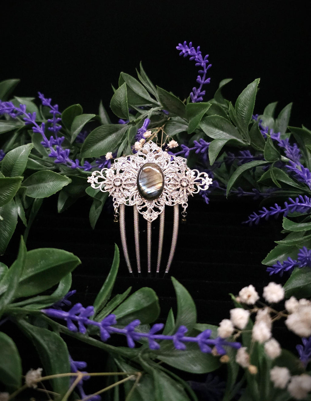 Labradorit Haarkamm ~ filigraner Haarschmuck mit Sternen ~ Art Nouveau Accessoire ~ Hochzeit, Fantasy & LARP