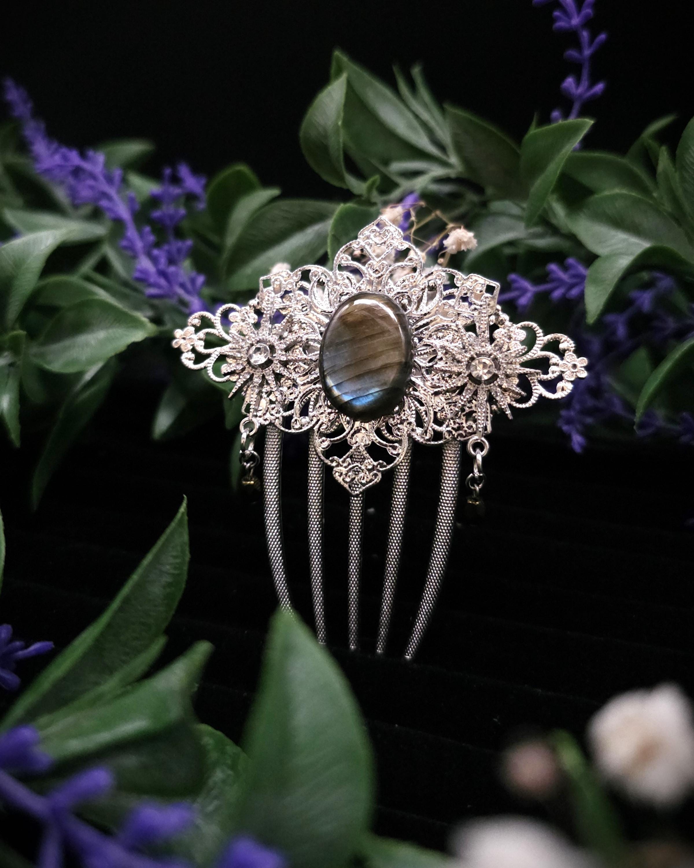 Labradorit Haarkamm ~ filigraner Haarschmuck mit Sternen ~ Art Nouveau Accessoire ~ Hochzeit, Fantasy & LARP