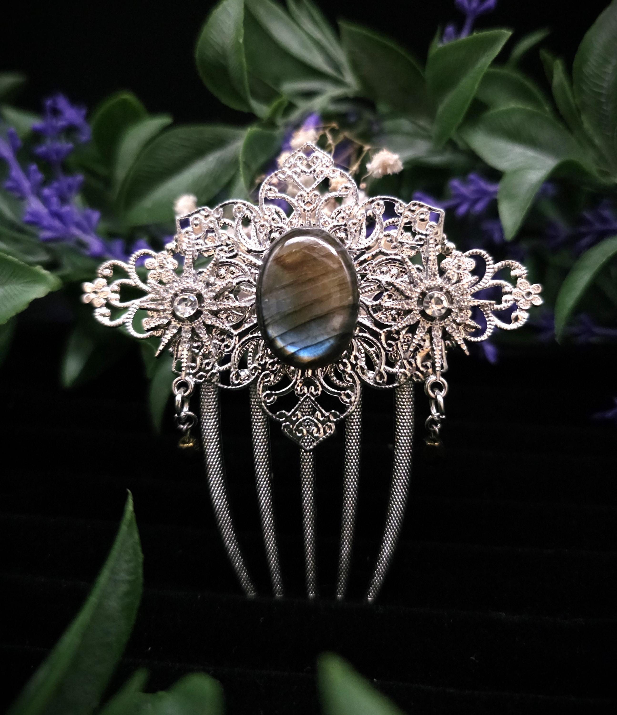 Labradorit Haarkamm ~ filigraner Haarschmuck mit Sternen ~ Art Nouveau Accessoire ~ Hochzeit, Fantasy & LARP