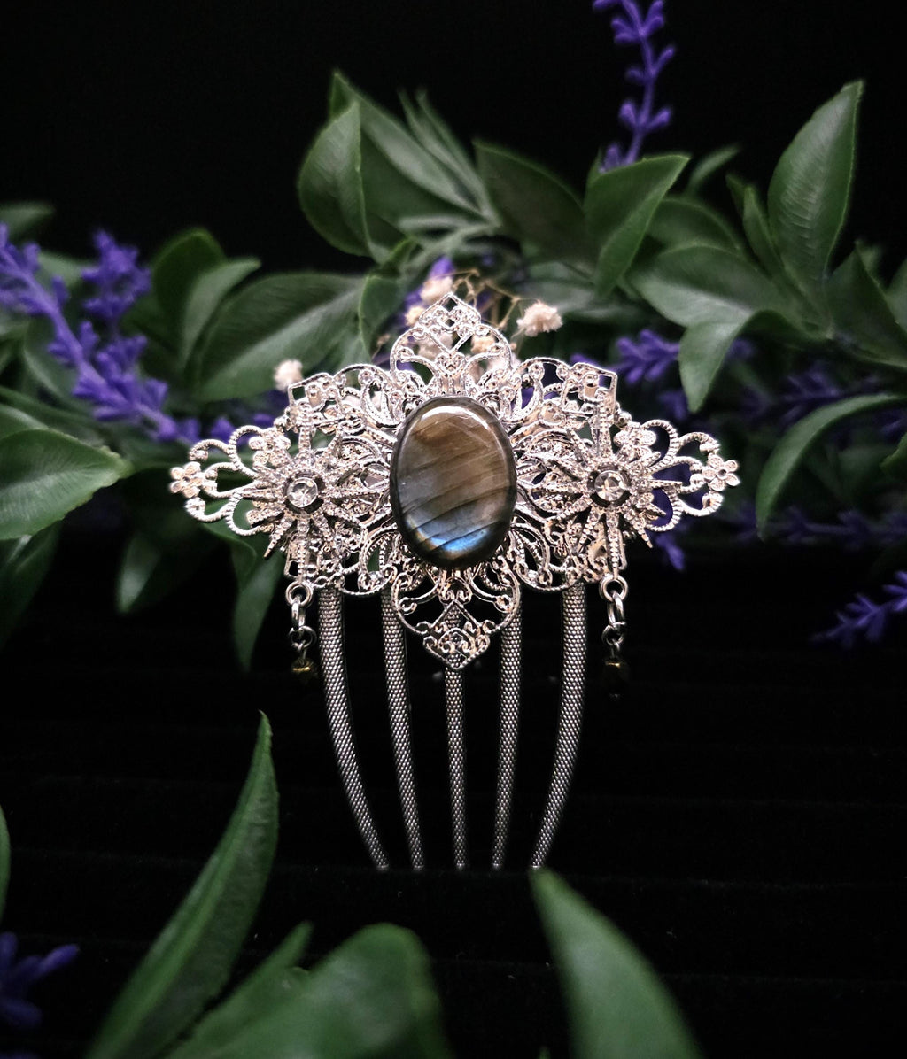 Labradorit Haarkamm ~ filigraner Haarschmuck mit Sternen ~ Art Nouveau Accessoire ~ Hochzeit, Fantasy & LARP
