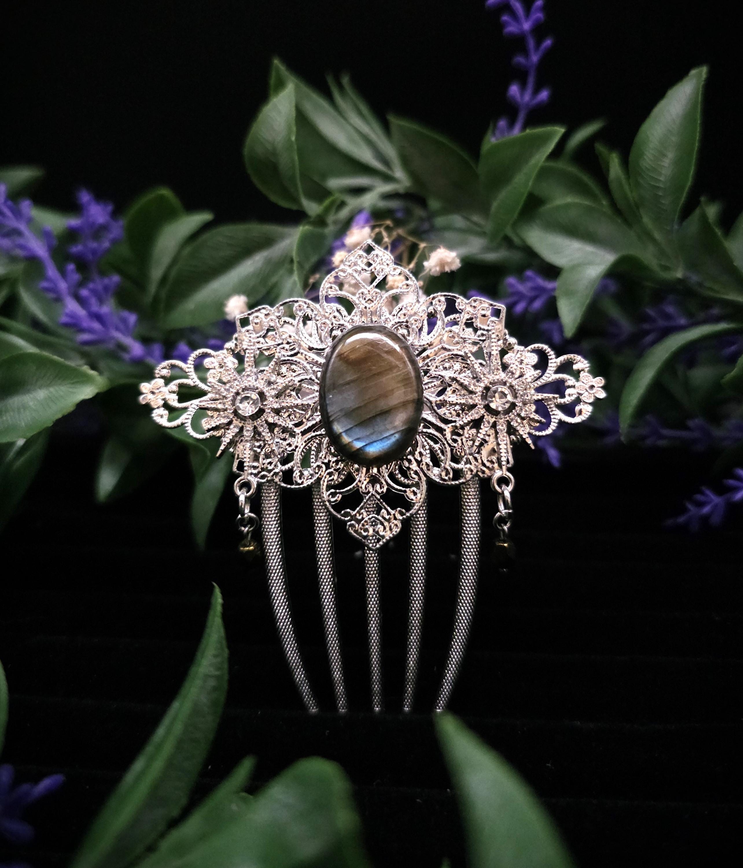 Labradorit Haarkamm ~ filigraner Haarschmuck mit Sternen ~ Art Nouveau Accessoire ~ Hochzeit, Fantasy & LARP