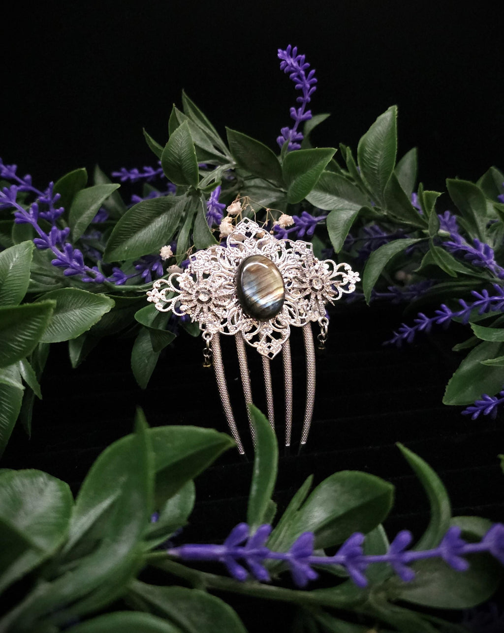 Labradorit Haarkamm ~ filigraner Haarschmuck mit Sternen ~ Art Nouveau Accessoire ~ Hochzeit, Fantasy & LARP