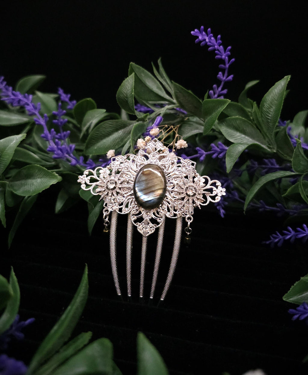 Labradorit Haarkamm ~ filigraner Haarschmuck mit Sternen ~ Art Nouveau Accessoire ~ Hochzeit, Fantasy & LARP